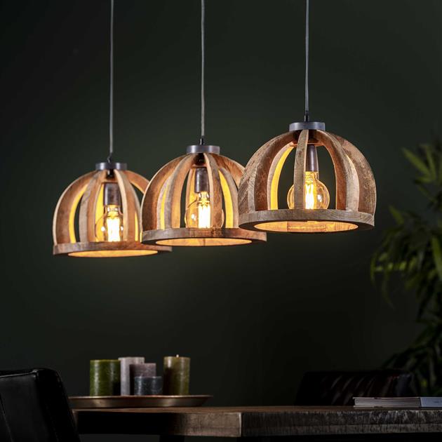 Hanglamp 3x Ø30 gebogen houten spijlen