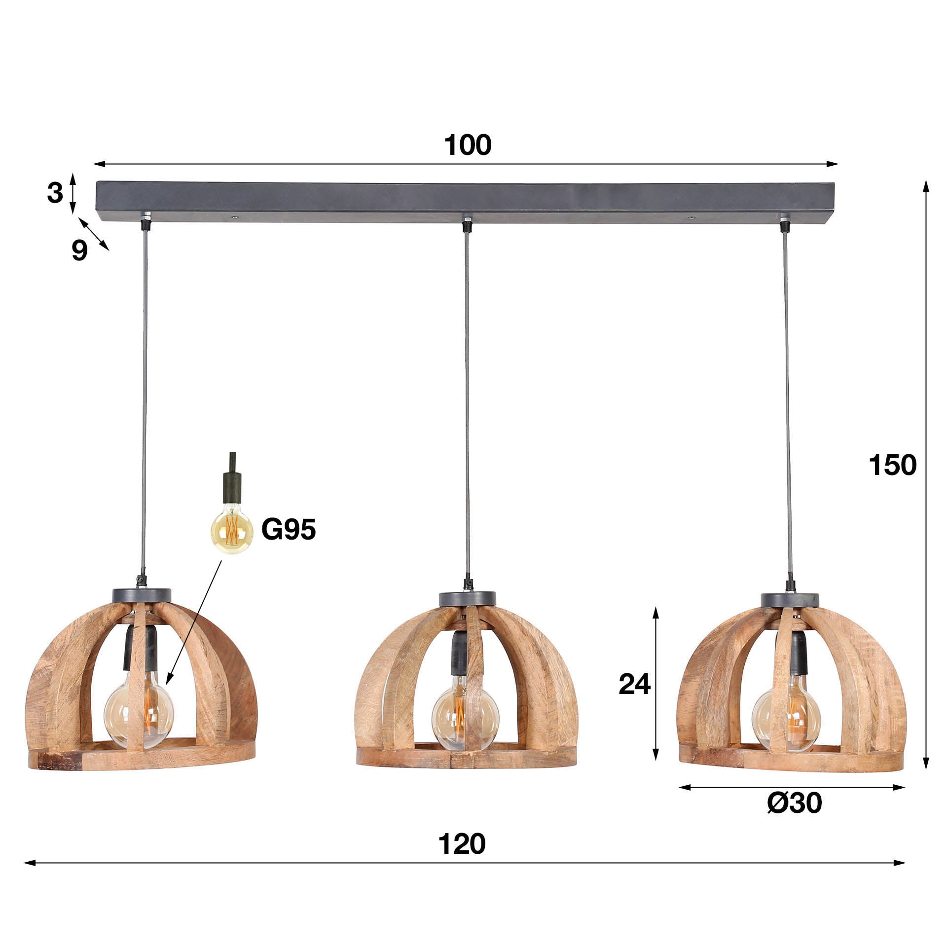Hanglamp Orba 3 Lichts Massief Mango