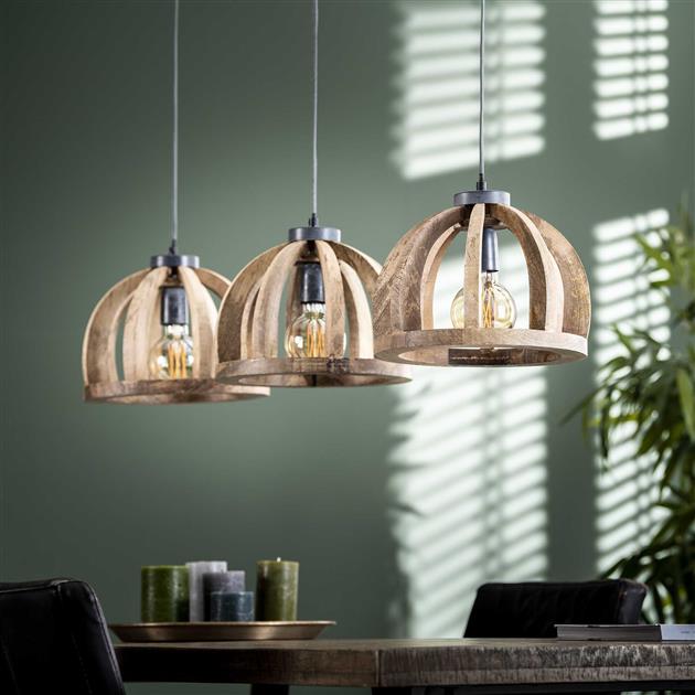 Hanglamp 3x Ø30 gebogen houten spijlen