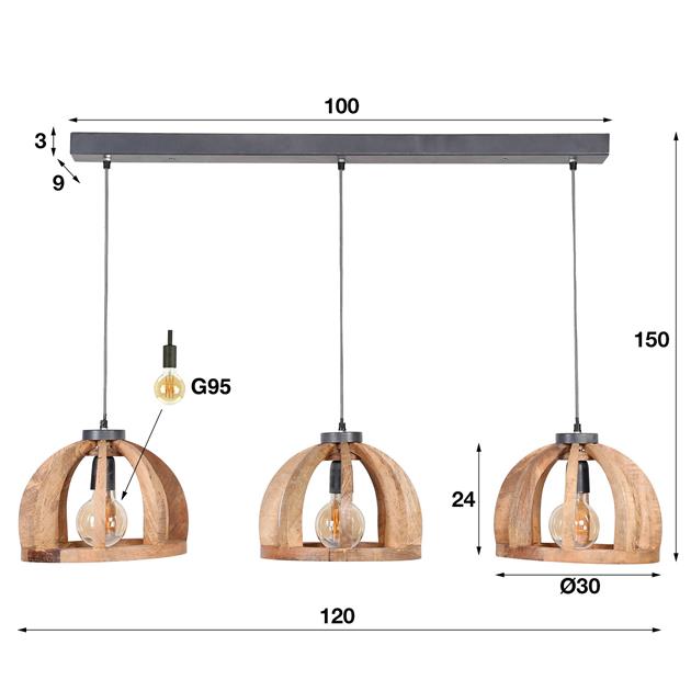 Hanglamp 3x Ø30 gebogen houten spijlen