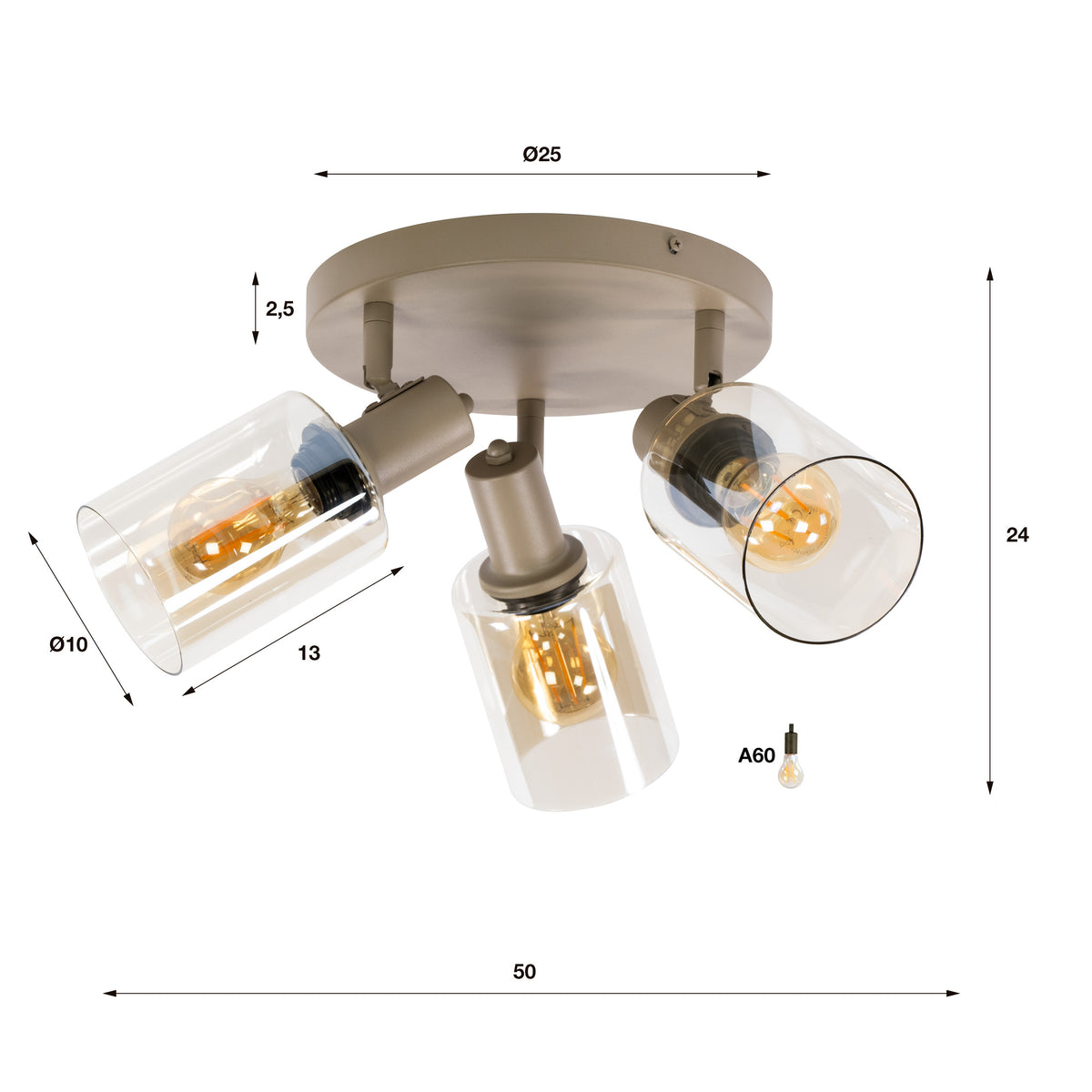 Plafondlamp Sepiora rond 3-lichts / Beige