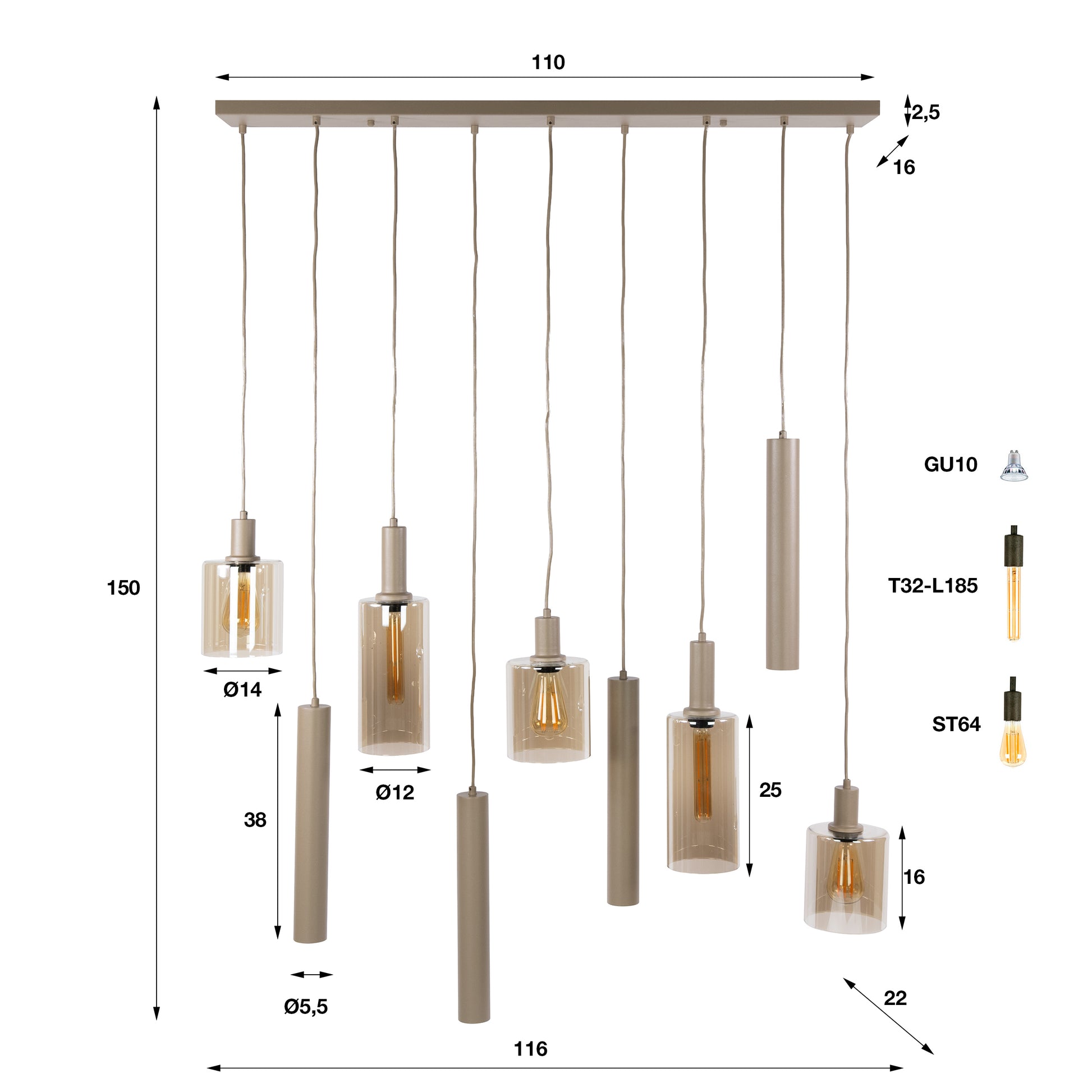 Hanglamp Sepiora 5+4-lichts / Beige