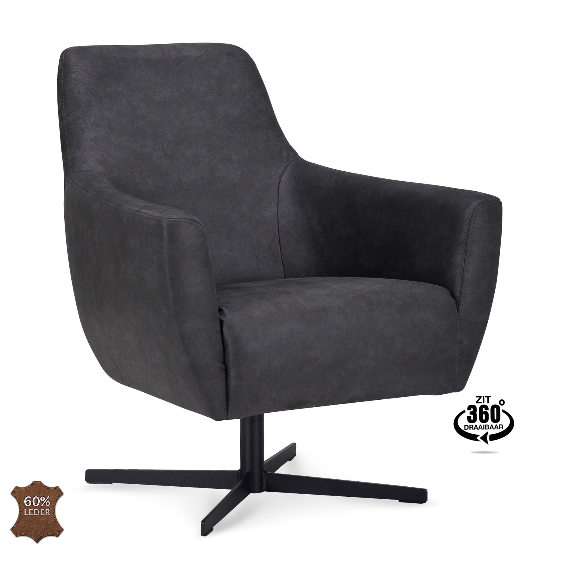 Fauteuil Harbour Microleder Bull Anthracite Poot Zwart 360° Draaibaar