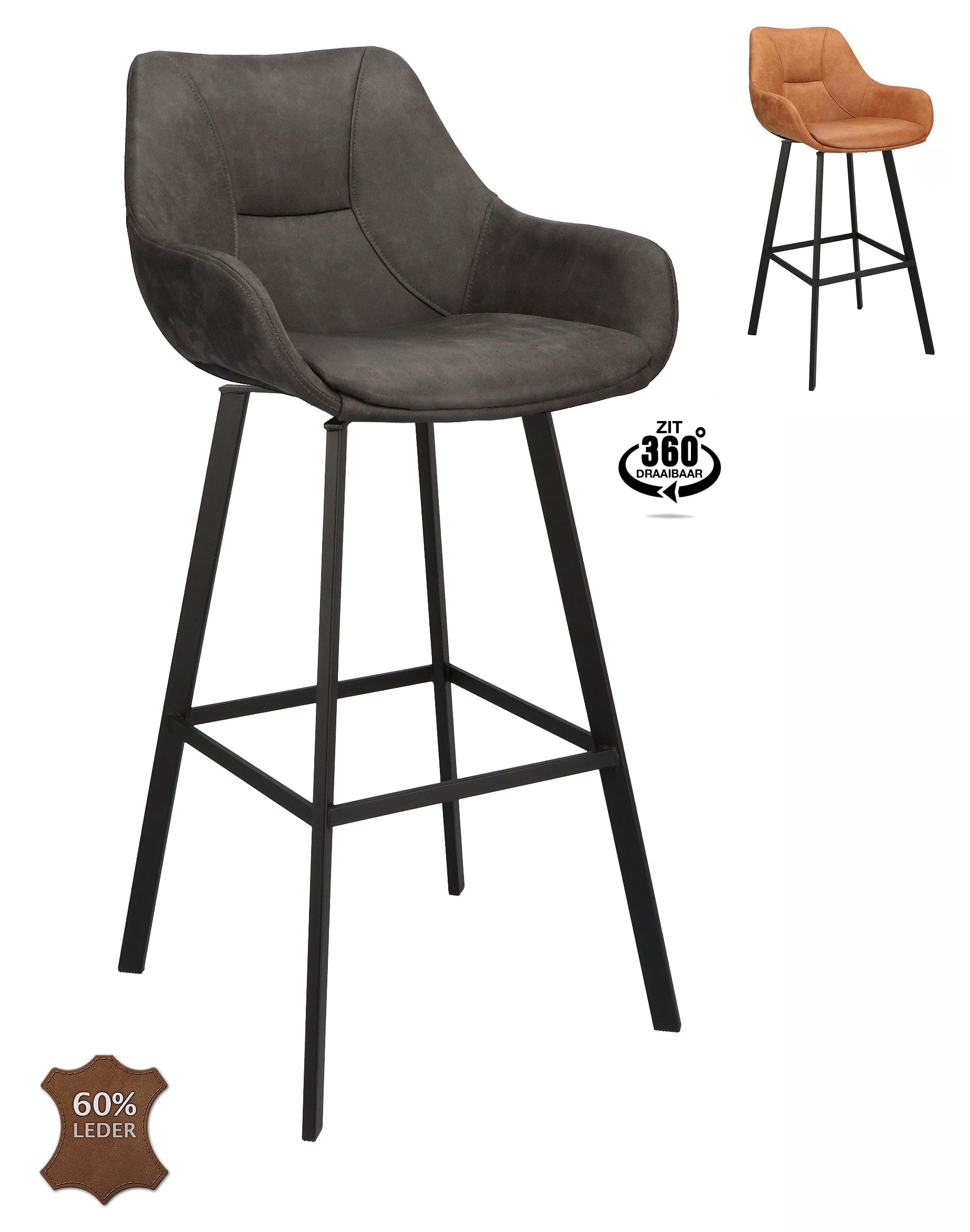 Barkruk met armleuning Boost - ZH 80 Microleder Bull Camel Leg Black