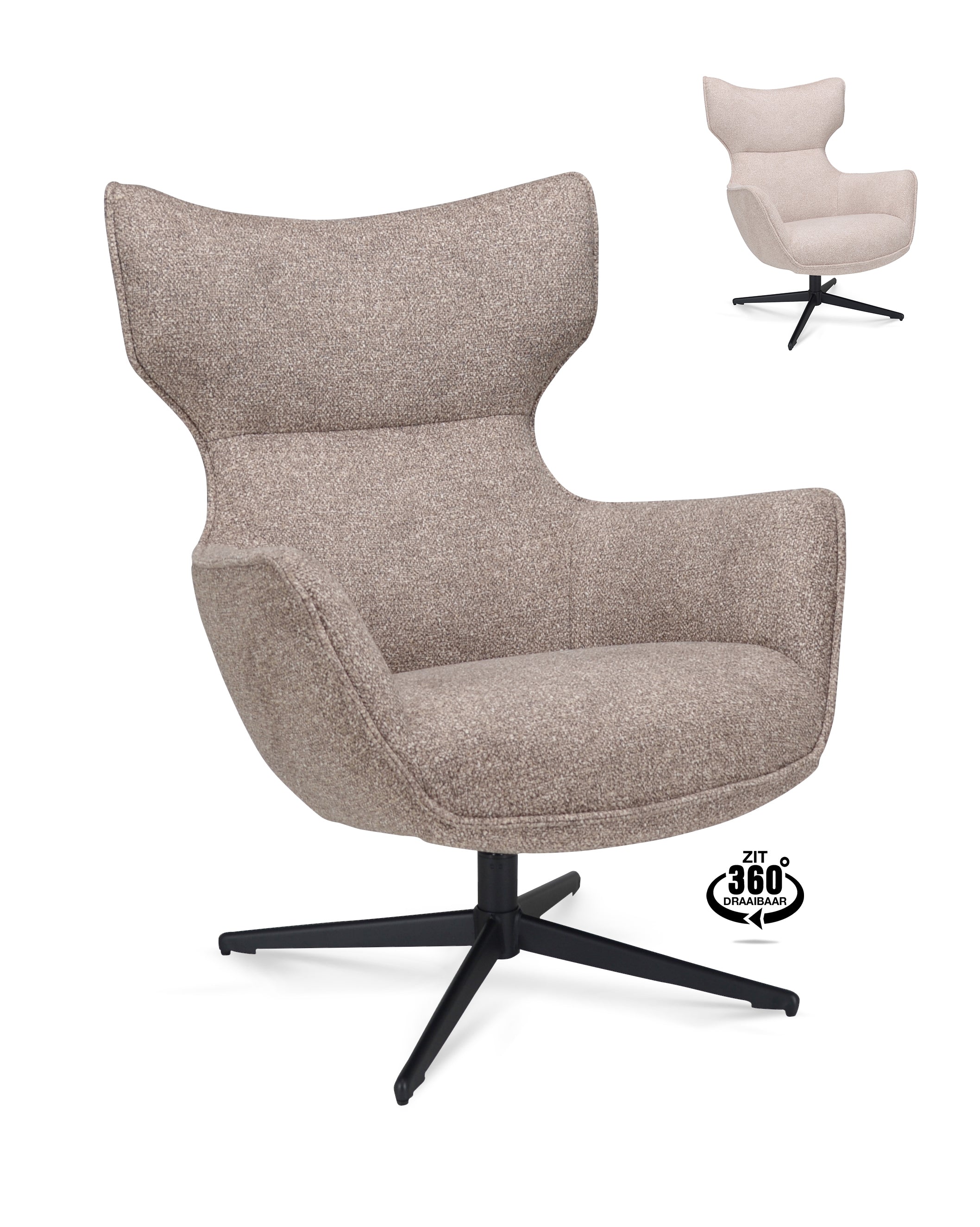 Fauteuil Brantford Stof Leo 32 Mocca Poot Zwart 360° Draaibaar