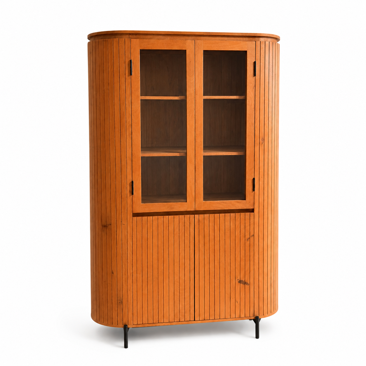 Vitrinekast Solana 115 cm mangohout met houten glasdeuren, vooraanzicht