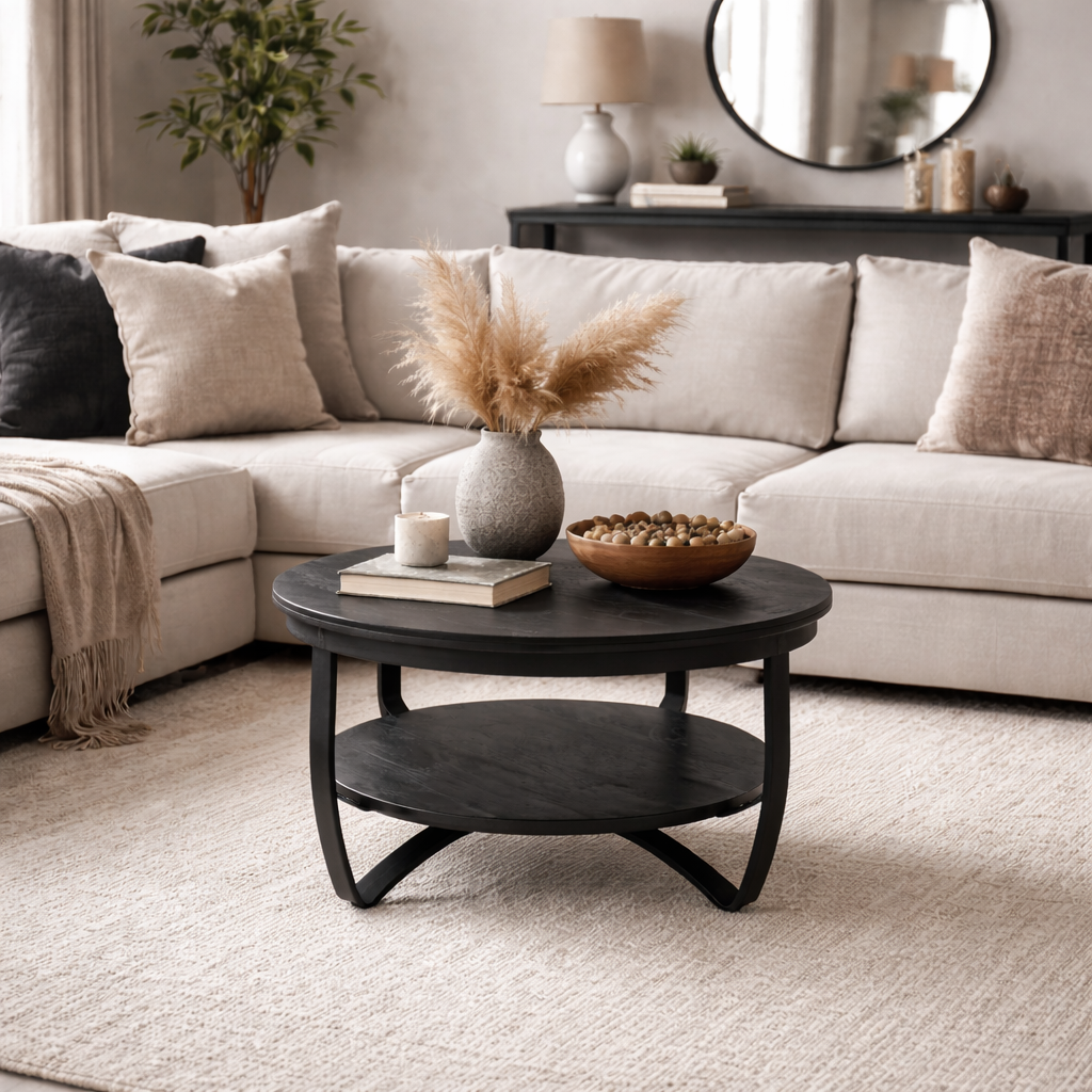 Salontafel Britt  Black 65 cm rond met plank