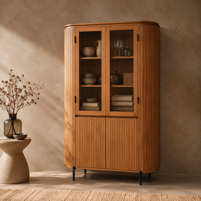 Vitrinekast Solana Naturel Mangohout 115 cm – houten glasdeuren