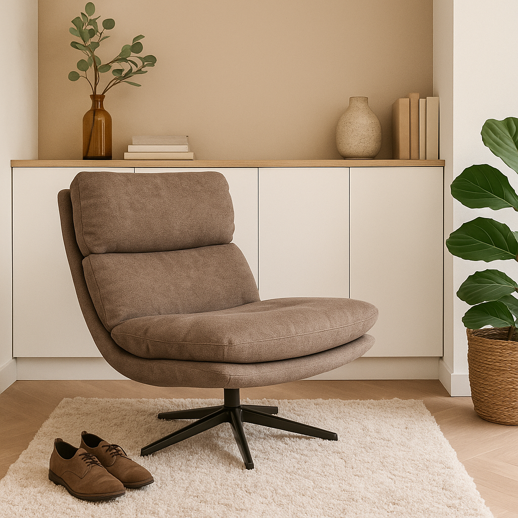 Stoffen fauteuil in moderne zithoek.