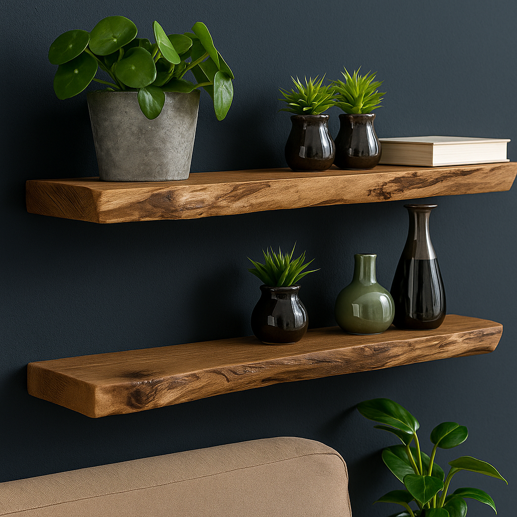 Close-up van drie eikenhouten boomstam wandplanken met ruwe rand, gestyled met planten, boeken en keramische vazen tegen een donkerblauwe muur.