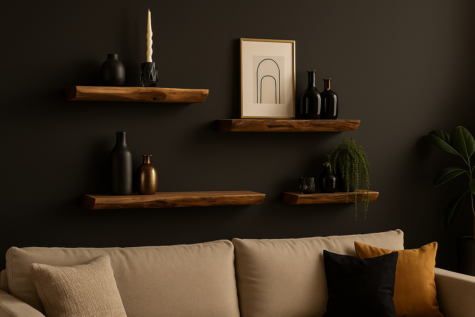 Eikenhouten boomstam wandplanken met ruwe rand, gestyled met zwarte en gouden vazen, kunstwerk en kaarsen, in een moderne chique woonkamer met donkere muur en beige bank.