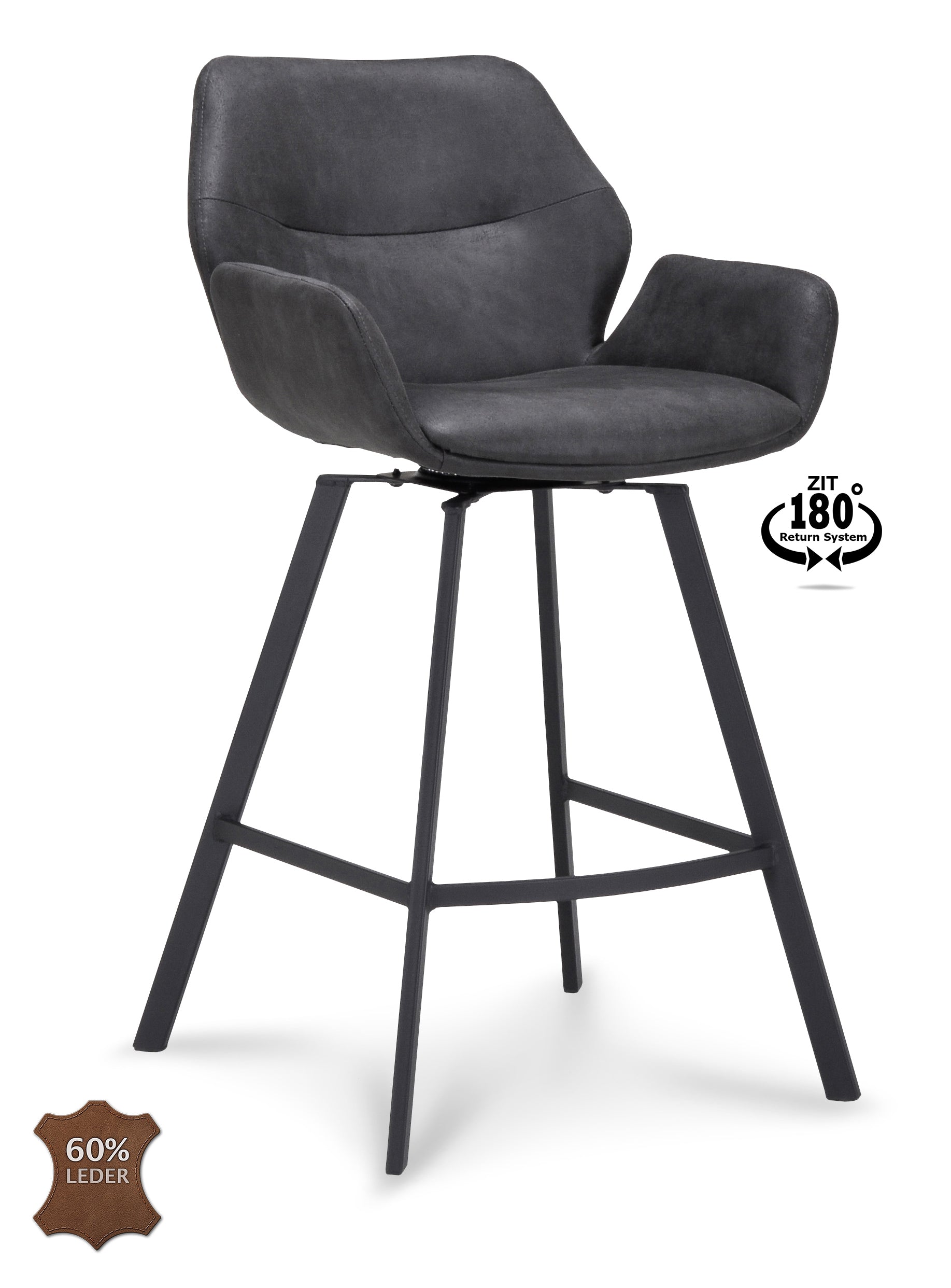Barkruk met armleuning Luton - ZH 65 Microleder Bull Anthracite Poot Black 180° Return-system