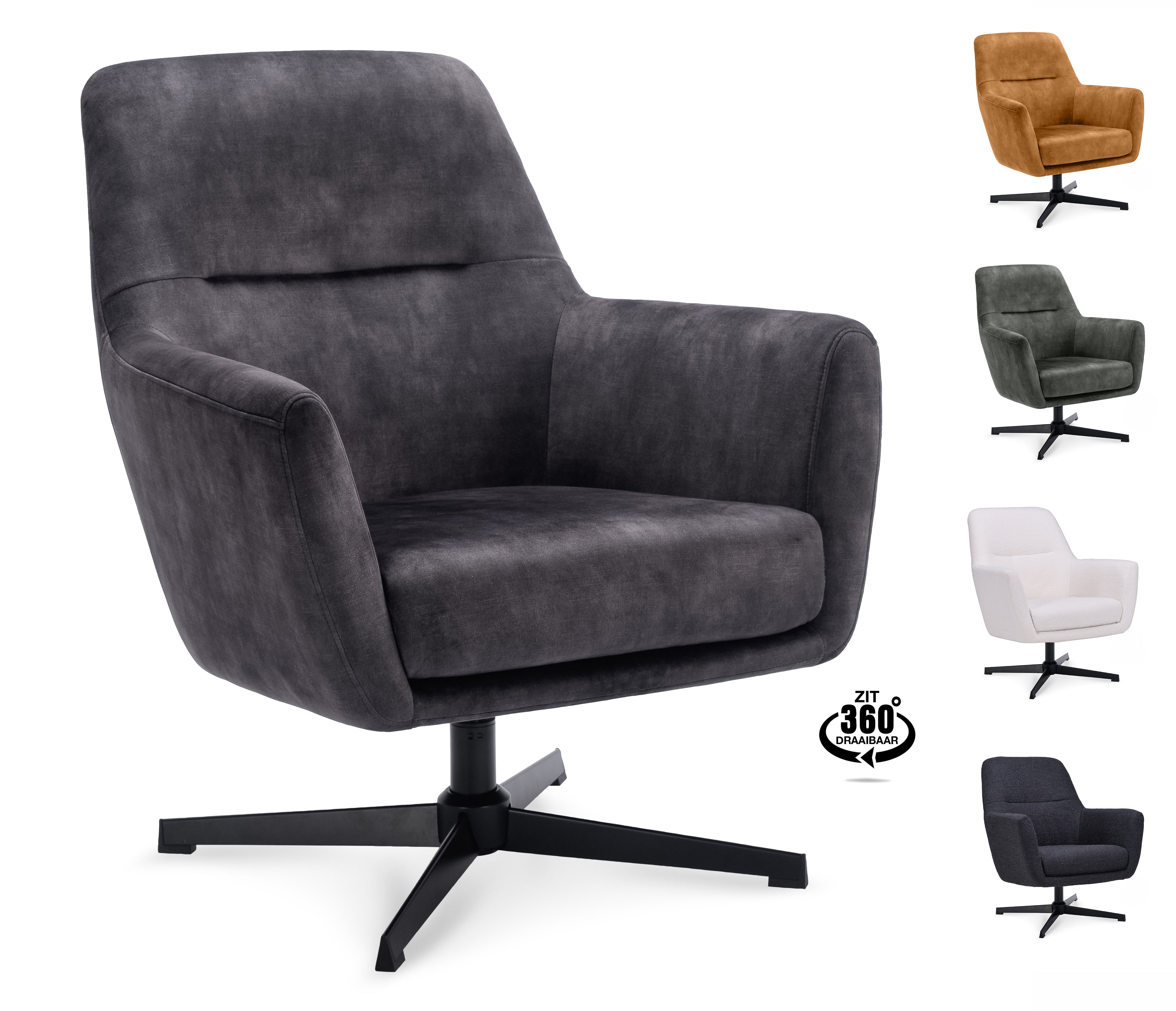 Fauteuil Edge Stof Adore Anthracite Draaivoet Zwart