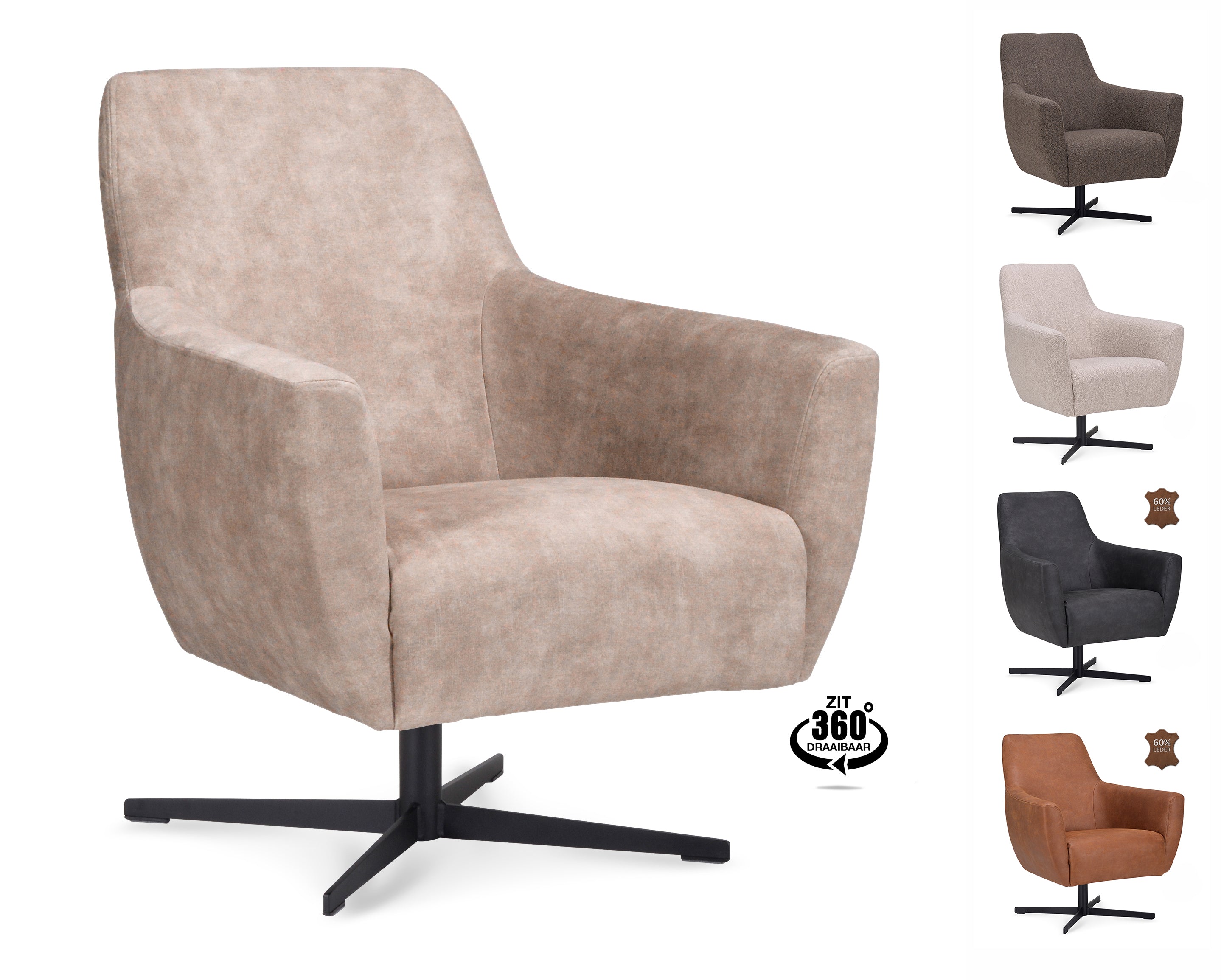 Fauteuil Harbour Stof Adore Sand Poot Zwart 360° Draaibaar