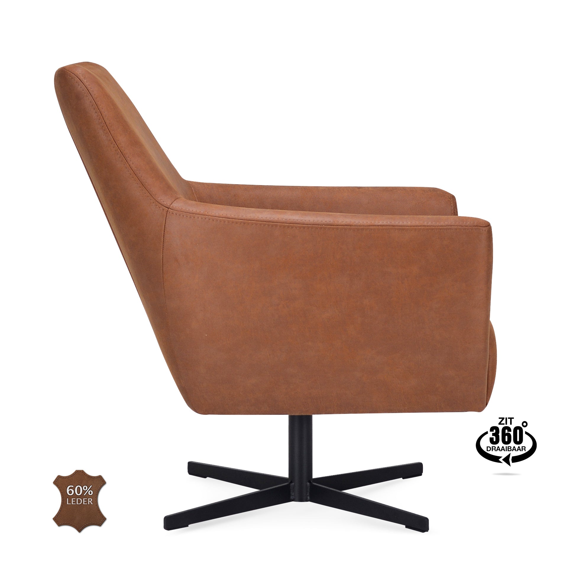 Fauteuil Harbour Microleder Bull Camel Poot Zwart 360° Draaibaar