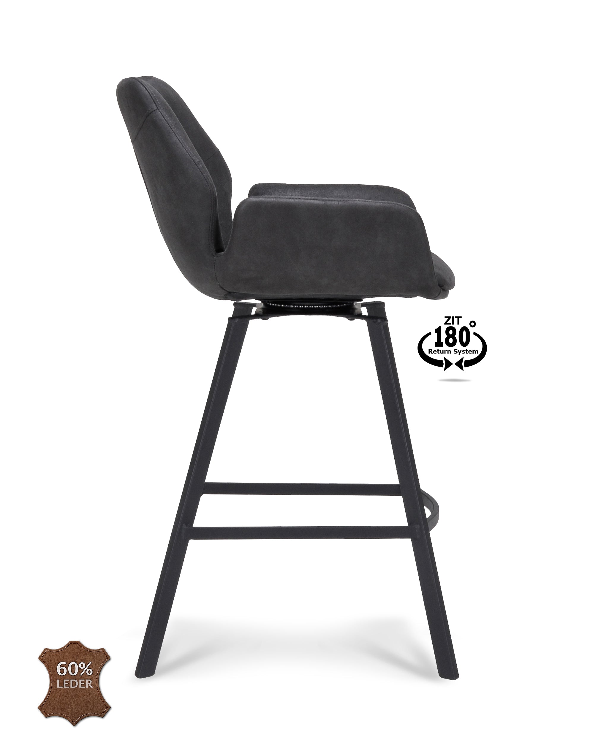 Barkruk met armleuning Luton - ZH 65 Microleder Bull Camel Poot Black 180° Return-system