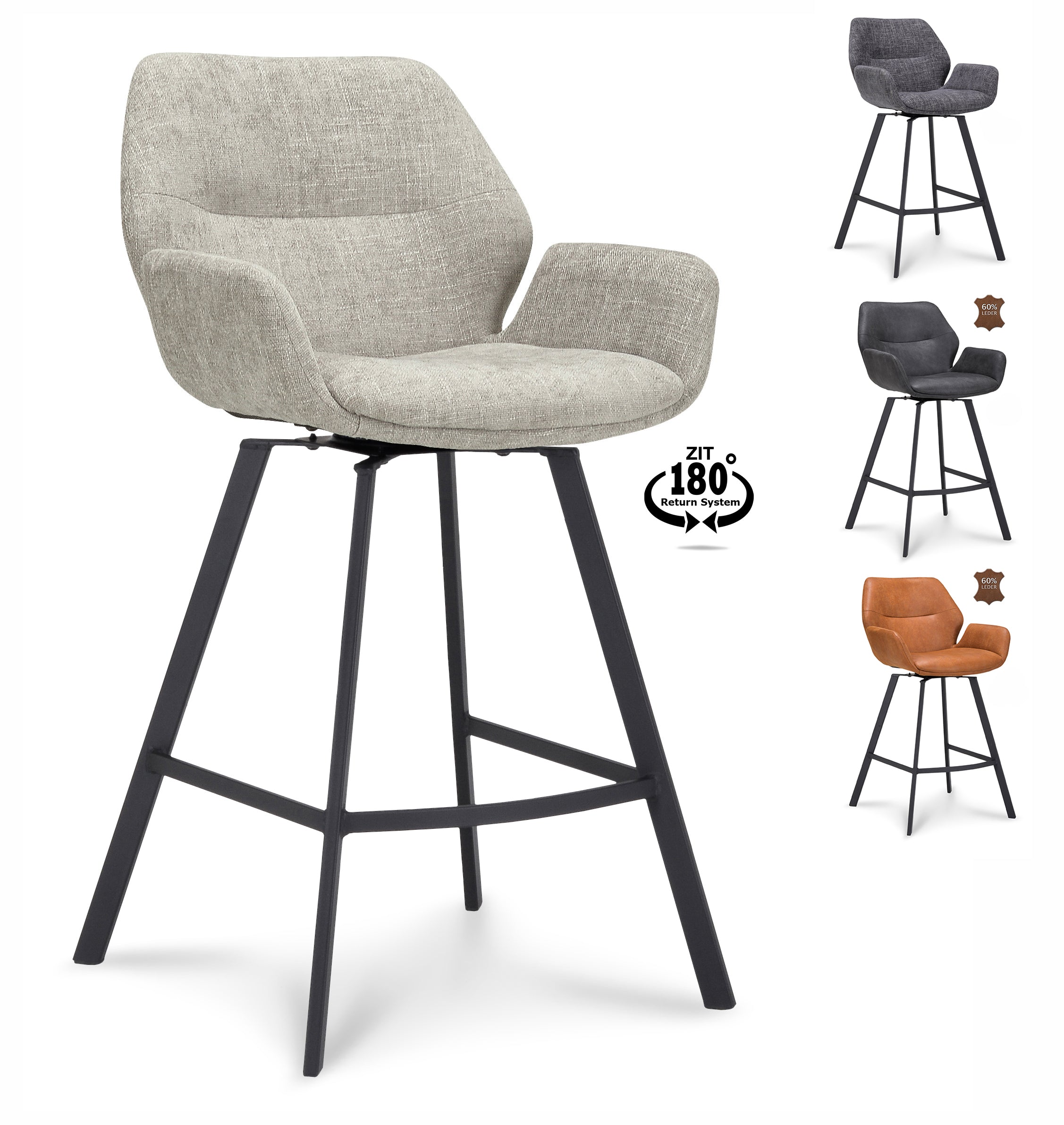 Barkruk met armleuning Luton - ZH 65 Microleder Bull Anthracite Poot Black 180° Return-system