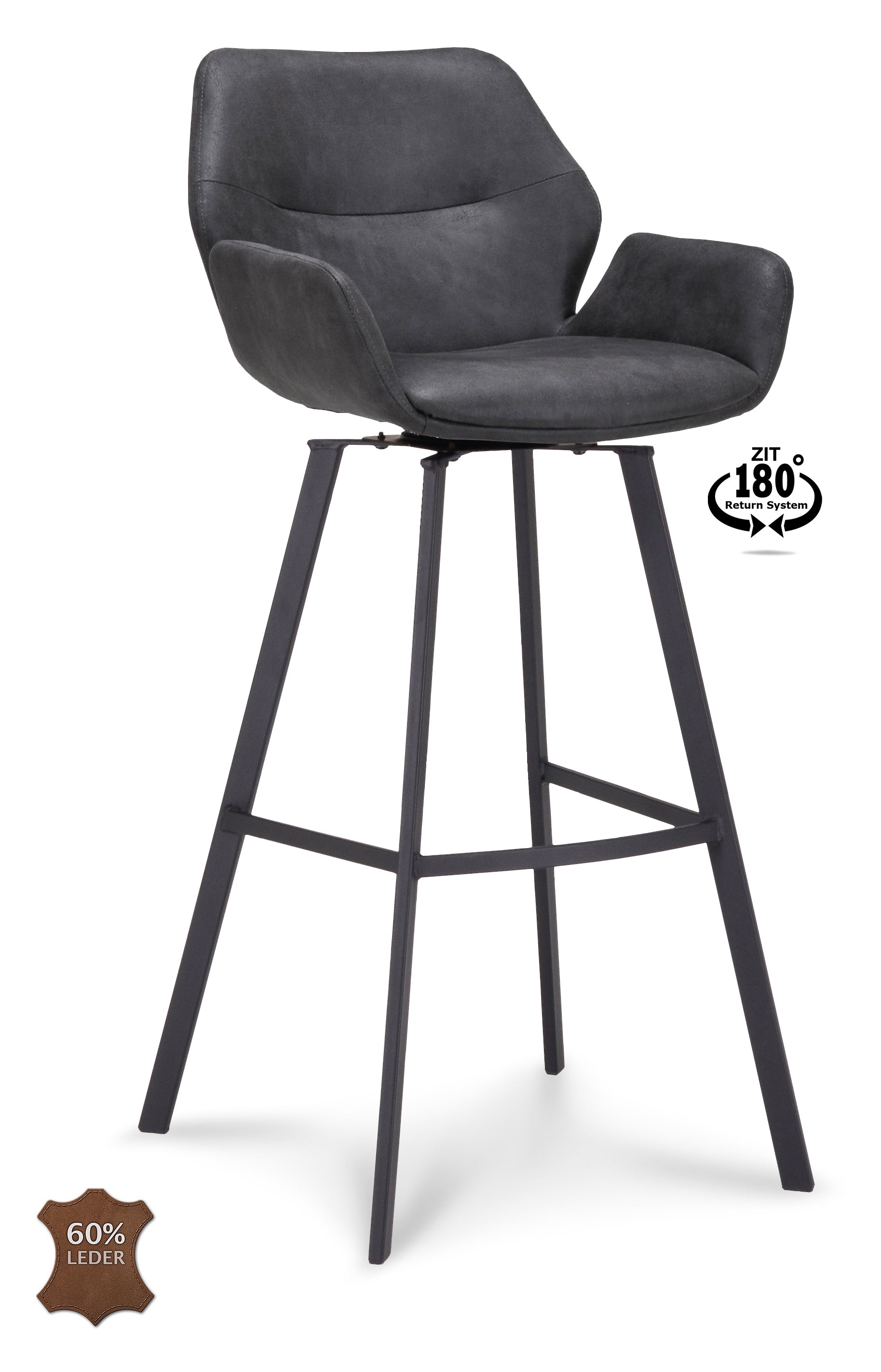 Barkruk met armleuning Luton - ZH 80 Stof Miami Darkgrey Poot Black 180° Return-system