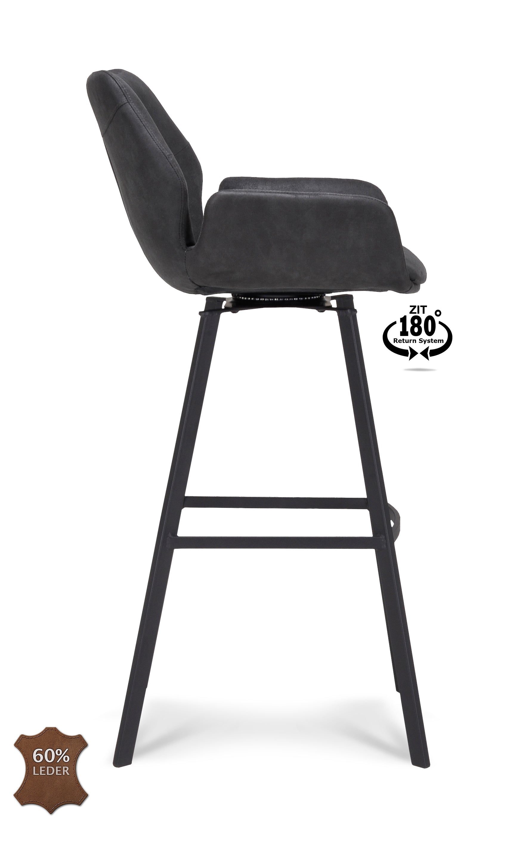 Barkruk met armleuning Luton - ZH 80 Stof Miami Darkgrey Poot Black 180° Return-system