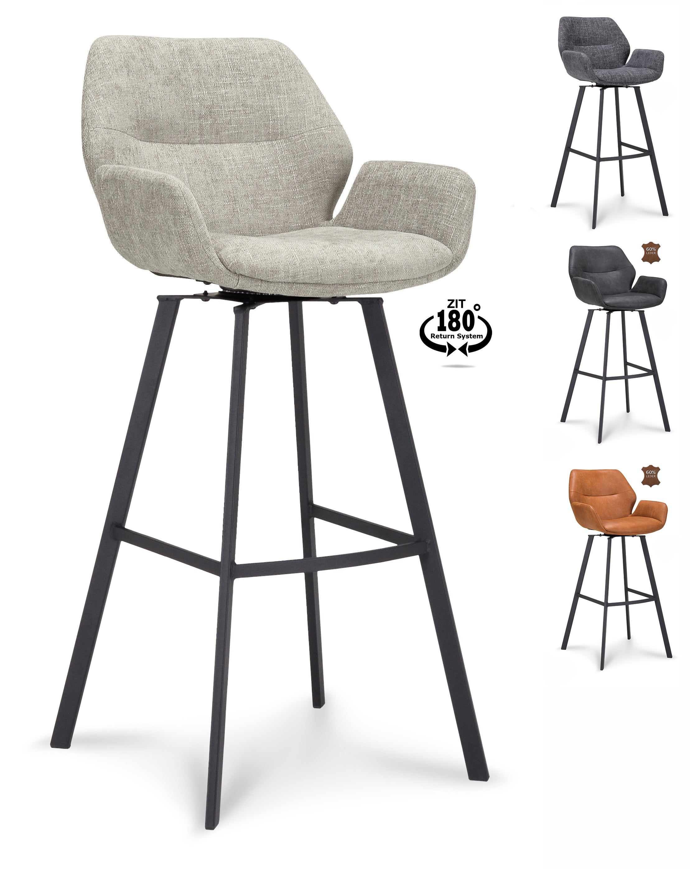 Barkruk met armleuning Luton - ZH 80 Stof Miami Taupe Poot Black 180° Return-system