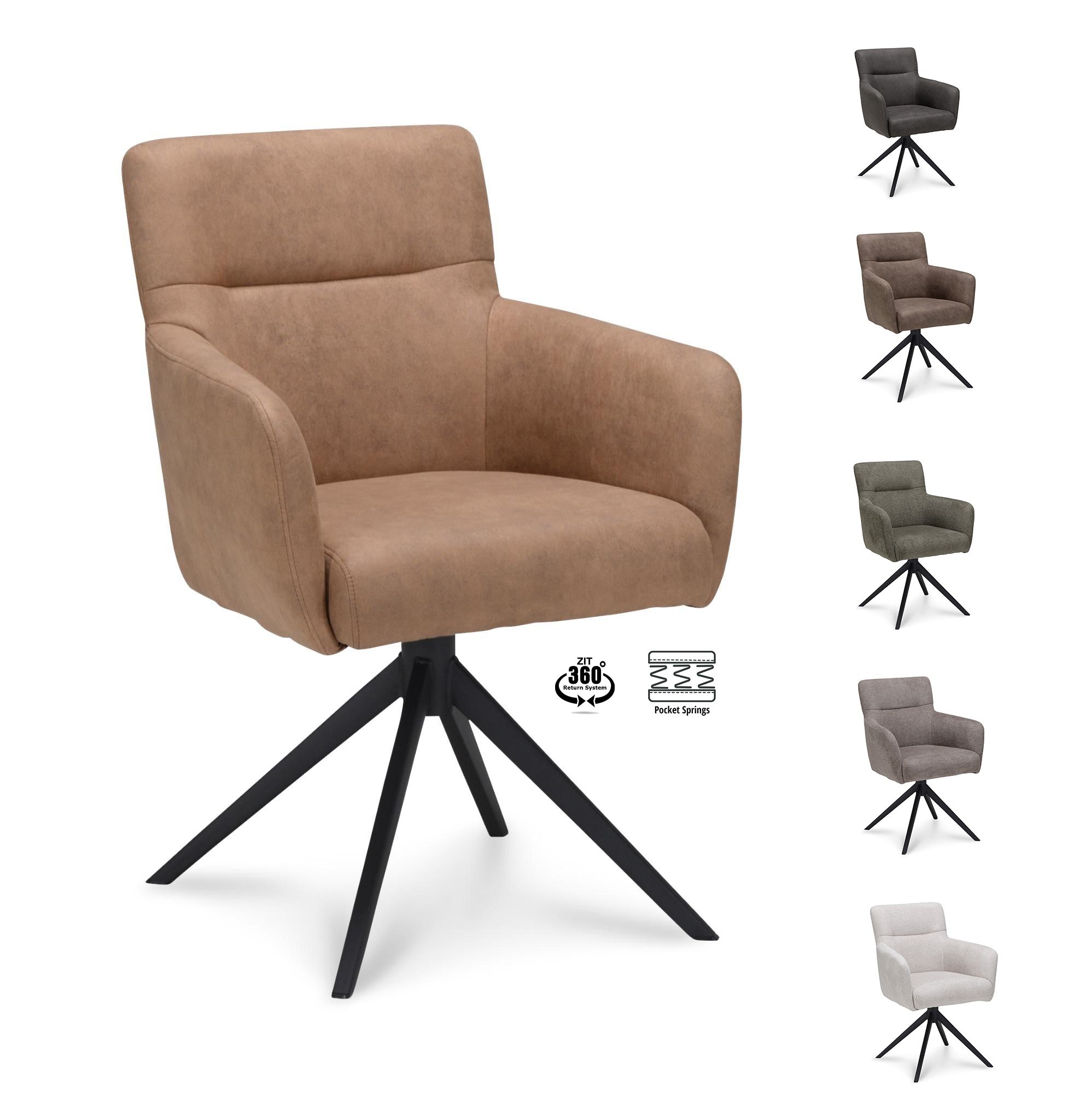 Armstoel Maeve Stof Cowboy 801 Mocca Leg Black 360° Return-system