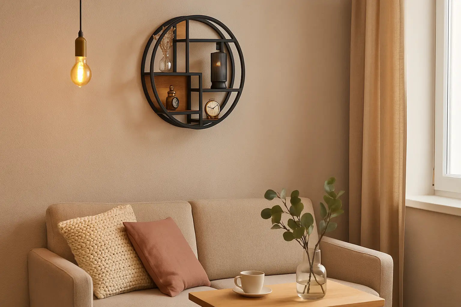 Moderne woonkamer met neutrale tinten en een ronde industriële wandplank hang rek op de muur.