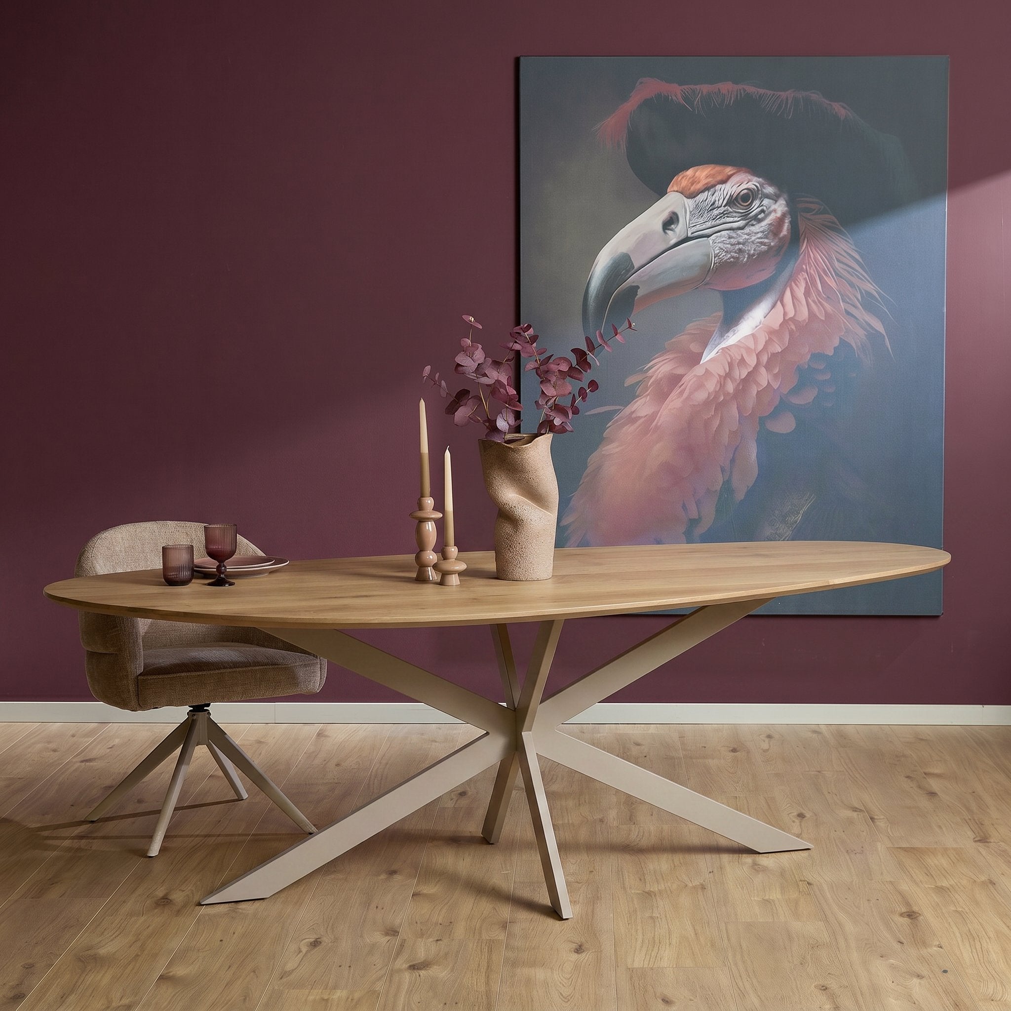 Eiken Eettafel Cloud 180 cm met organisch eiken blad en zandkleurige matrixpoot
