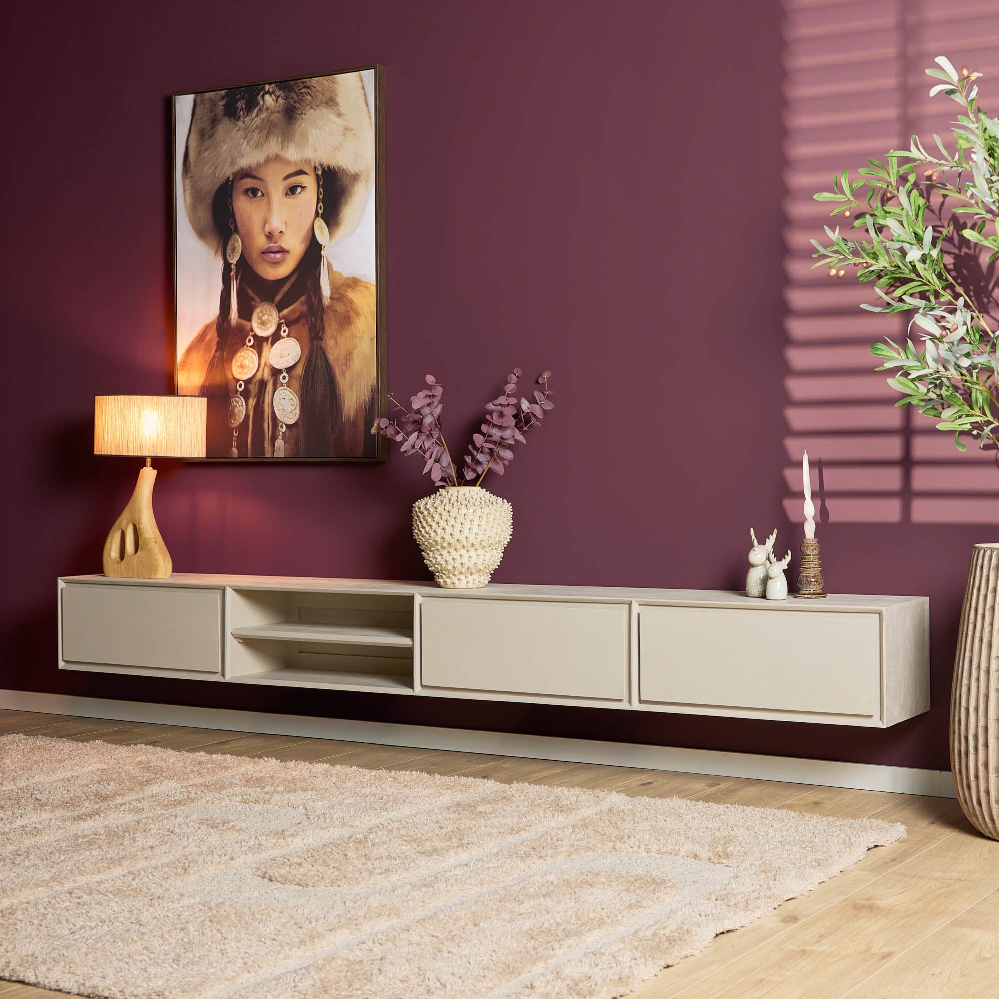 Zwevend tv meubel Ambiance Zand Mangohout 240 cm