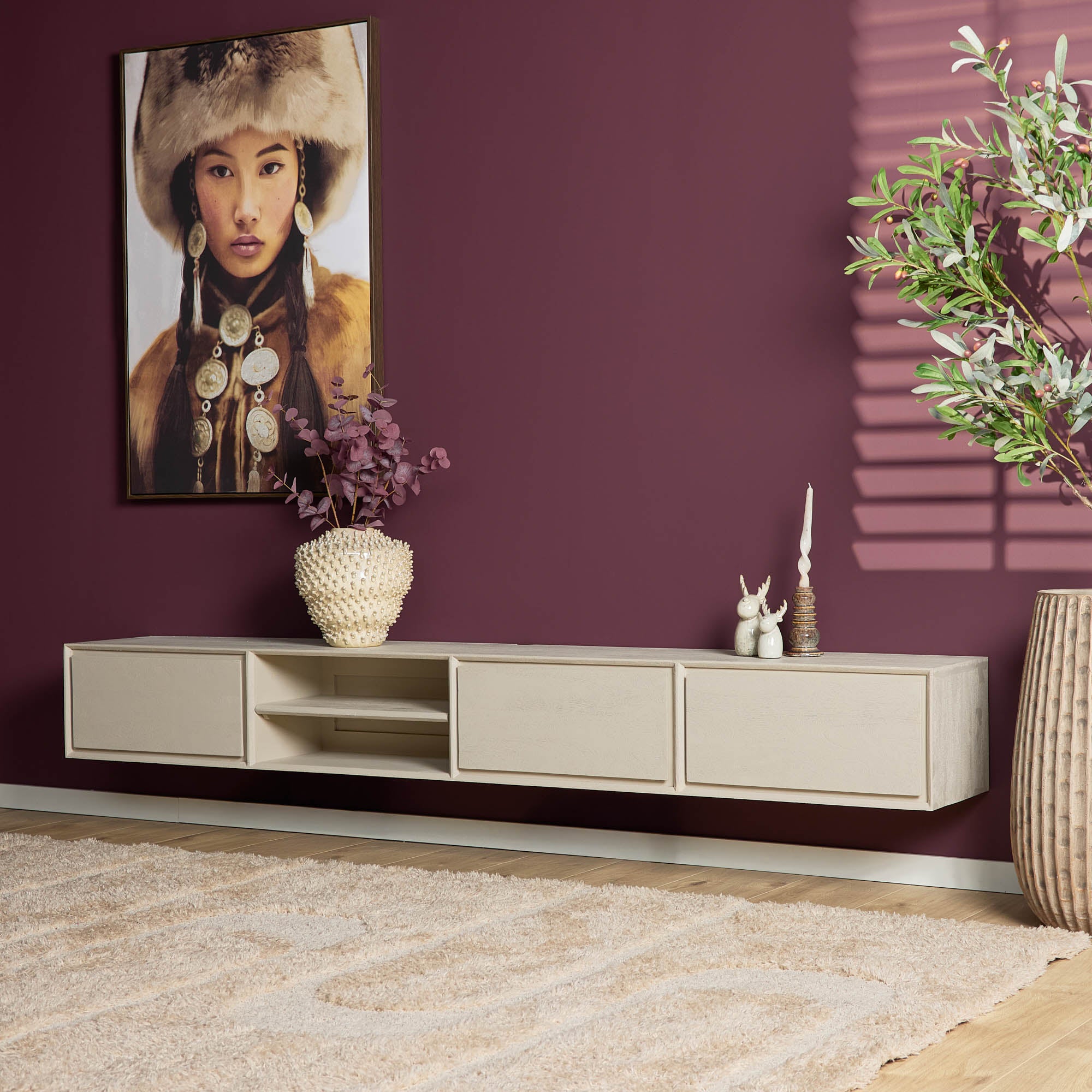 Zwevend tv meubel Ambiance Zand Mangohout 280 cm
