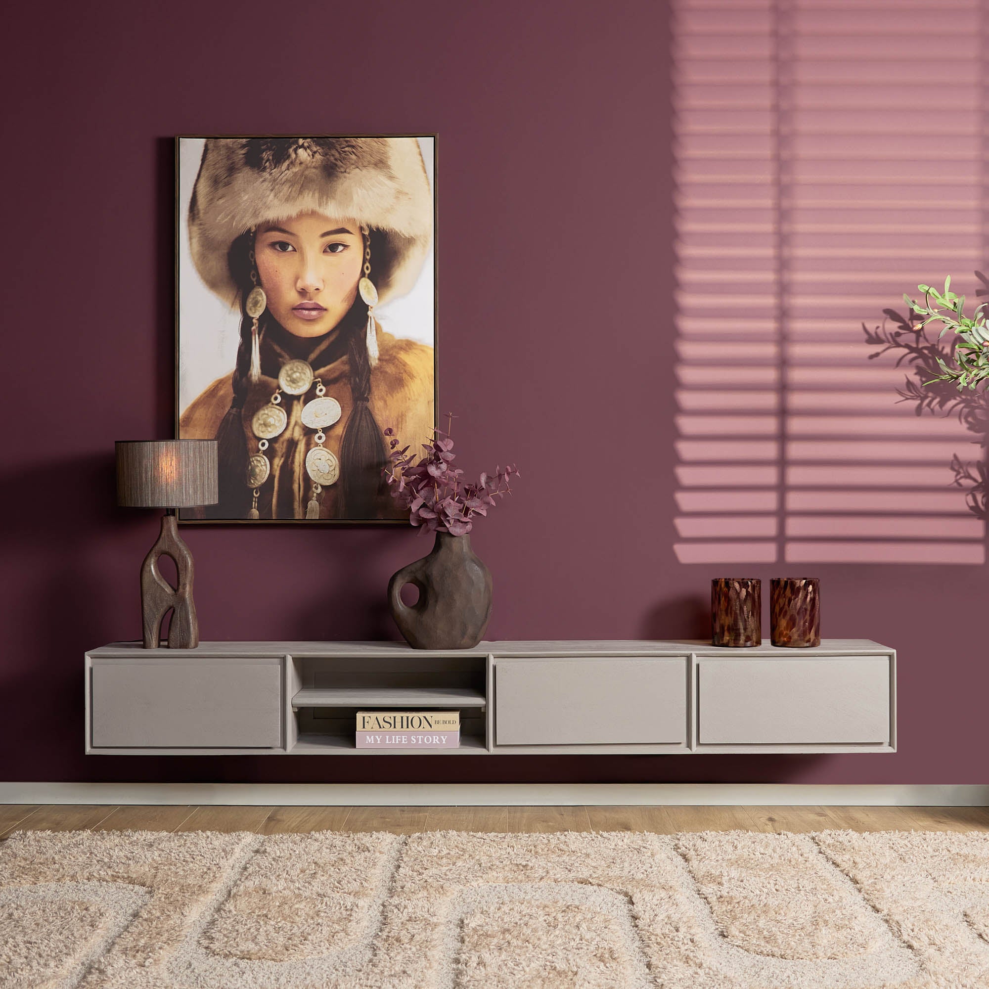 Zwevend tv meubel Ambiance Taupe Mangohout 240 cm