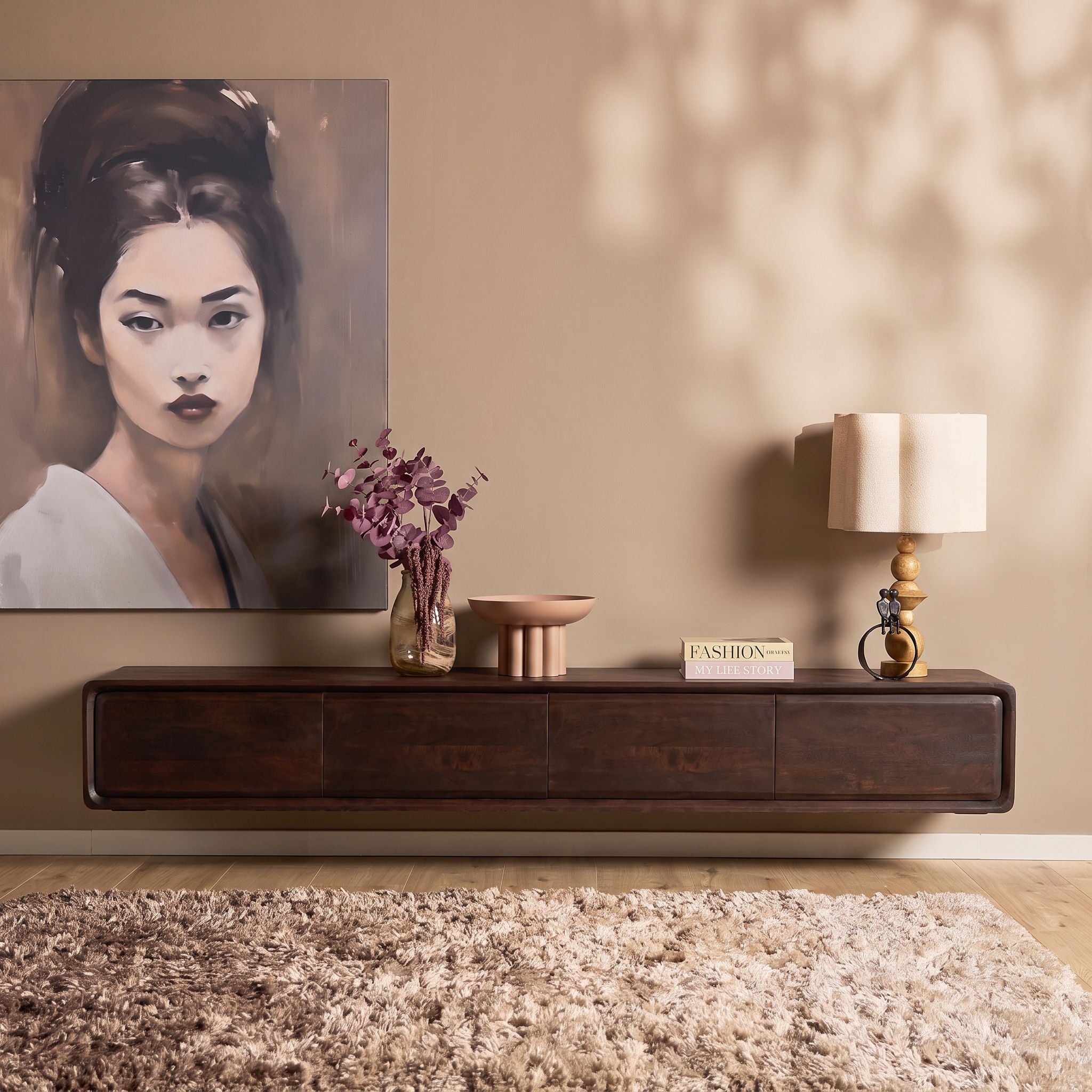 Zwevend Tv-meubel Allure Bruin Mangohout 200 cm - detailfoto 1