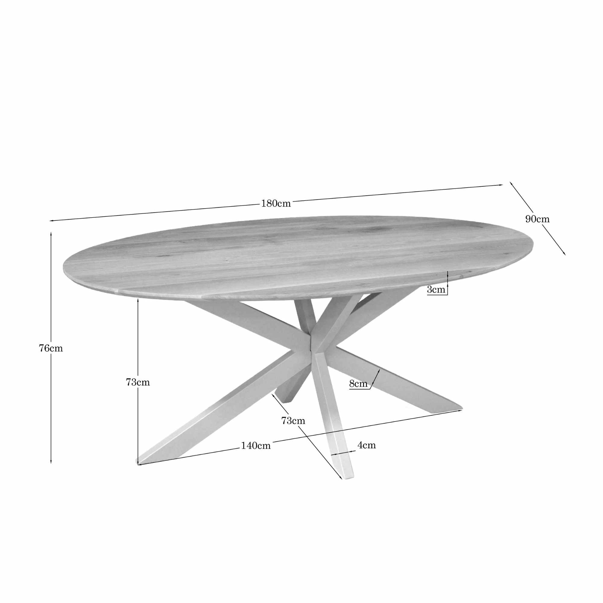 Eiken Eettafel Ferris Ovaal 180 cm van massief eiken met zandkleurig stalen onderstel