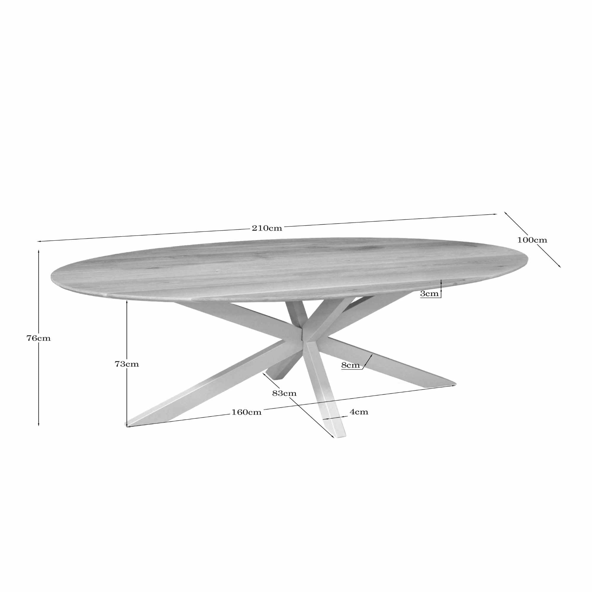 Eiken Eettafel Ferris Ovaal 210 cm van massief eiken met zandkleurig stalen onderstel