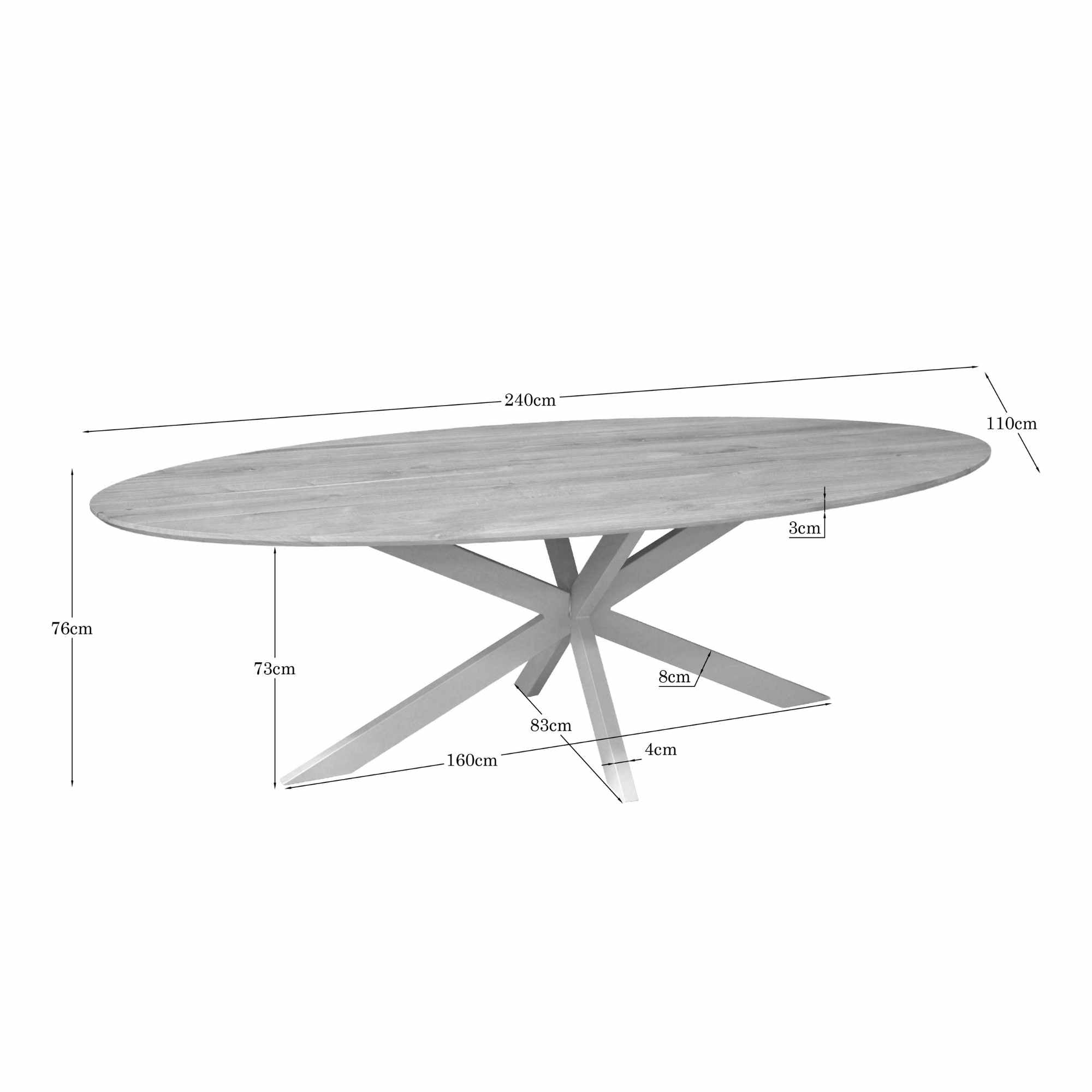 Eiken Eettafel Ferris Ovaal 240 cm van massief eiken met zandkleurig stalen onderstel