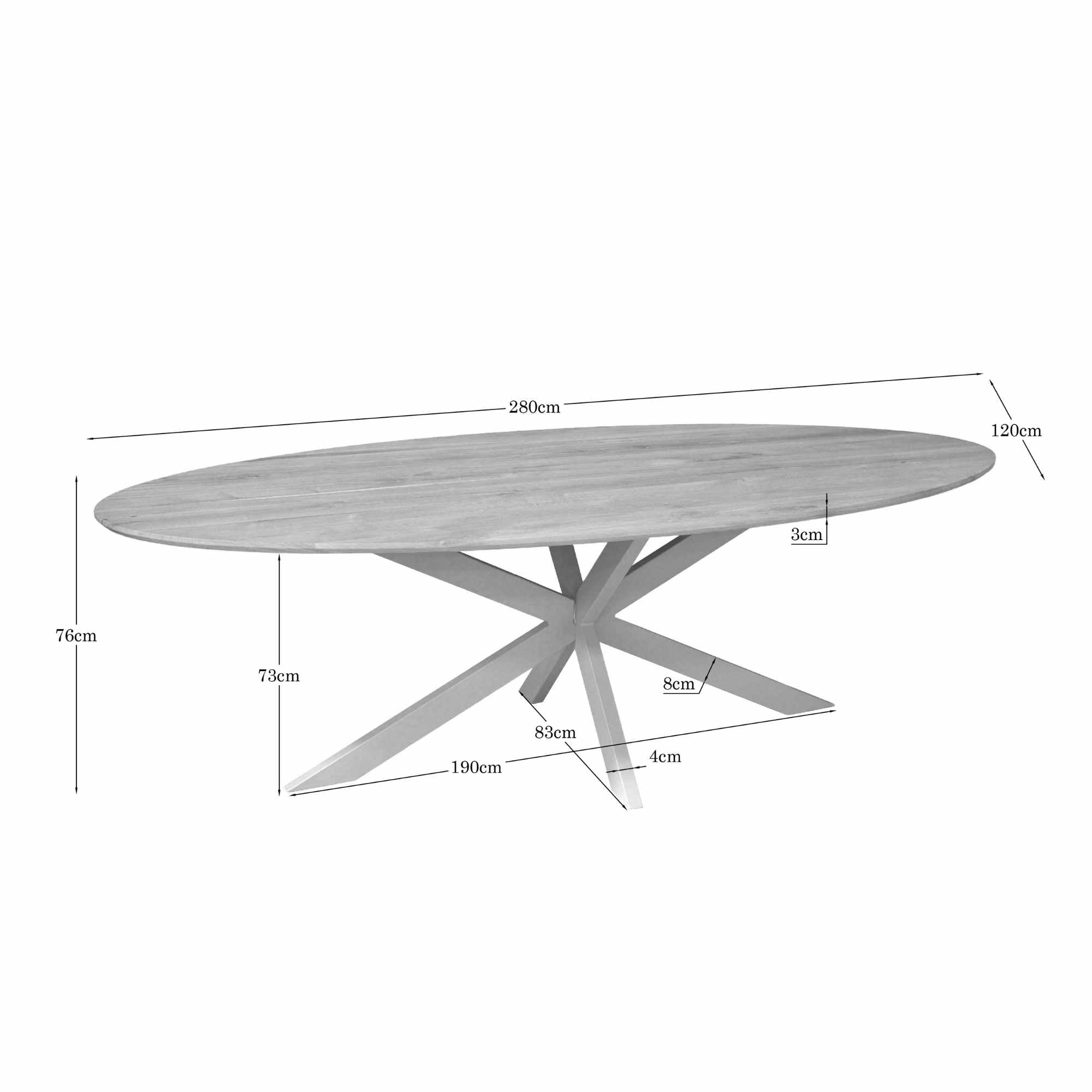 Eiken Eettafel Ferris Ovaal 280 cm van massief eiken met zandkleurig stalen onderstel