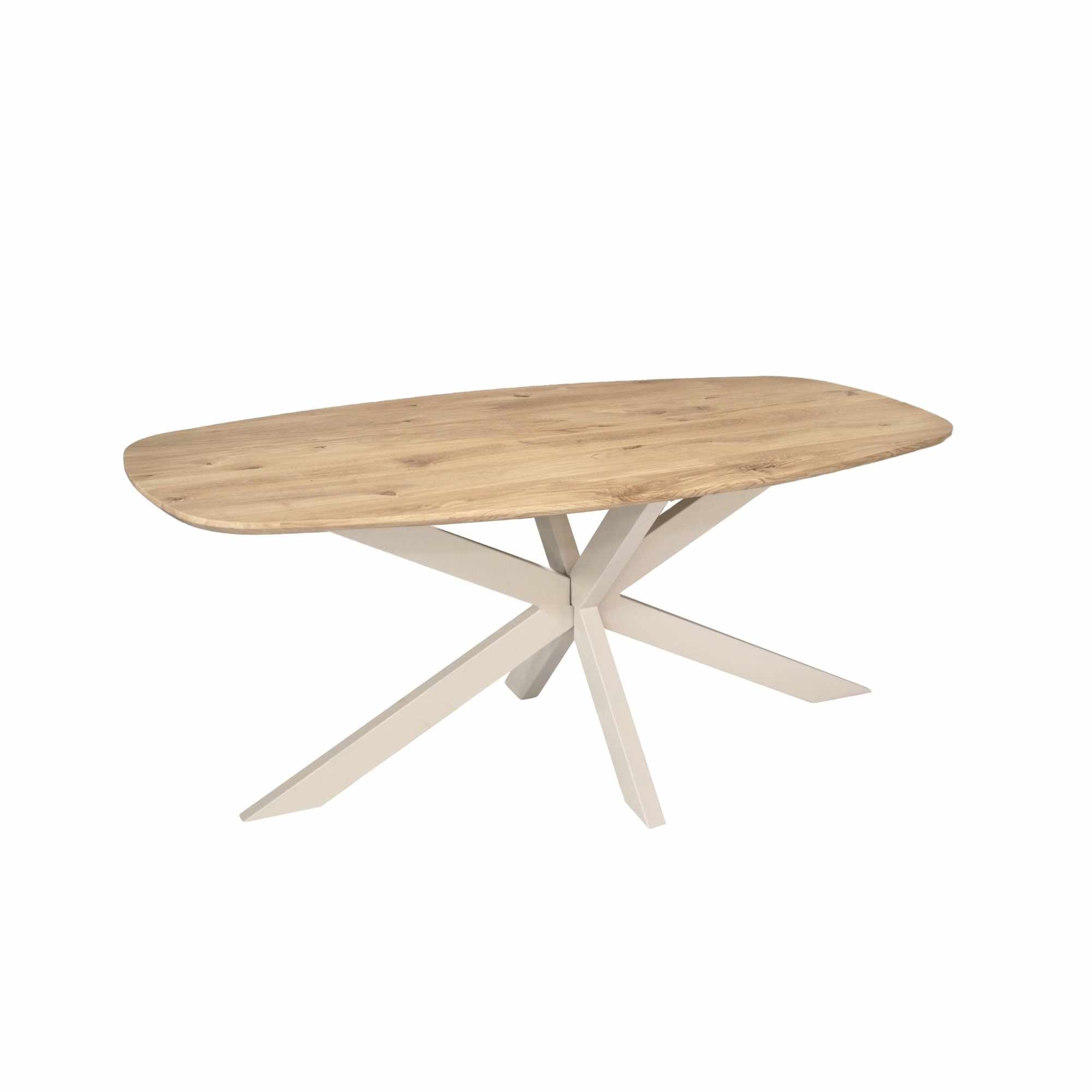 Eiken Eettafel Ferris Deens Ovaal 180 cm van massief eiken met zandkleurig stalen onderstel