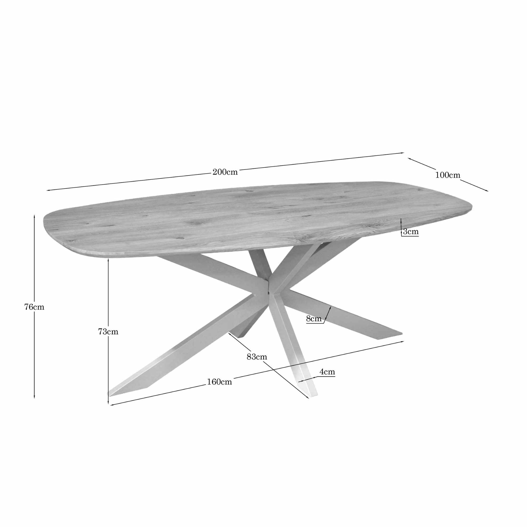 Eiken Eettafel Ferris Deens Ovaal 200 cm van massief eiken met zandkleurig stalen onderstel