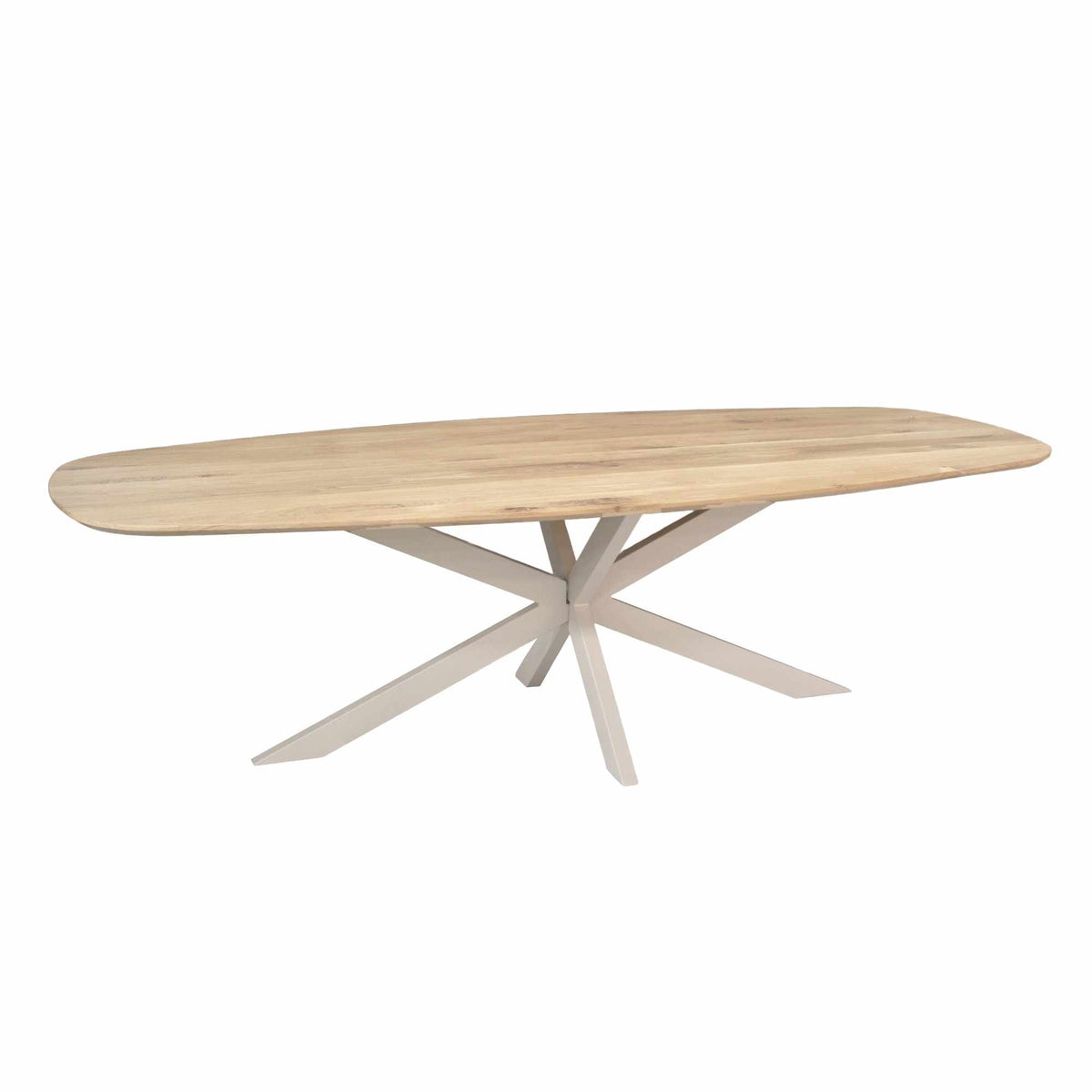 Eiken Eettafel Ferris Deens Ovaal 280 cm van massief eiken met zandkleurig stalen onderstel