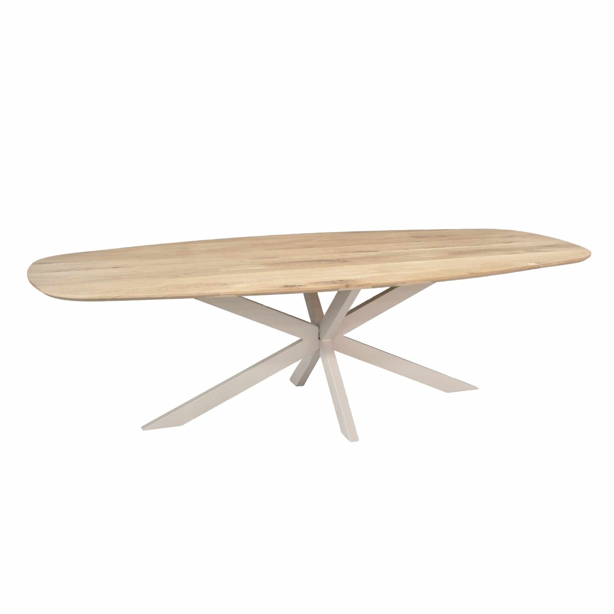 Eiken Eettafel Ferris Deens Ovaal 280 cm van massief eiken met zandkleurig stalen onderstel