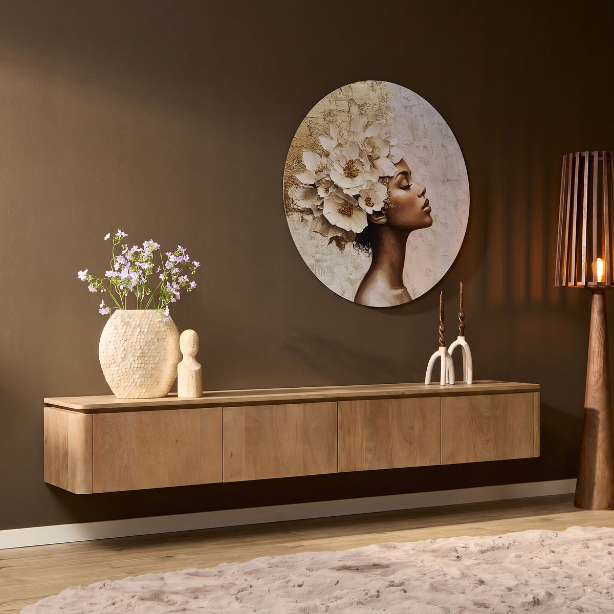 Zwevend tv meubel Dallas Naturel Mangohout 210 cm - sfeerfoto 1