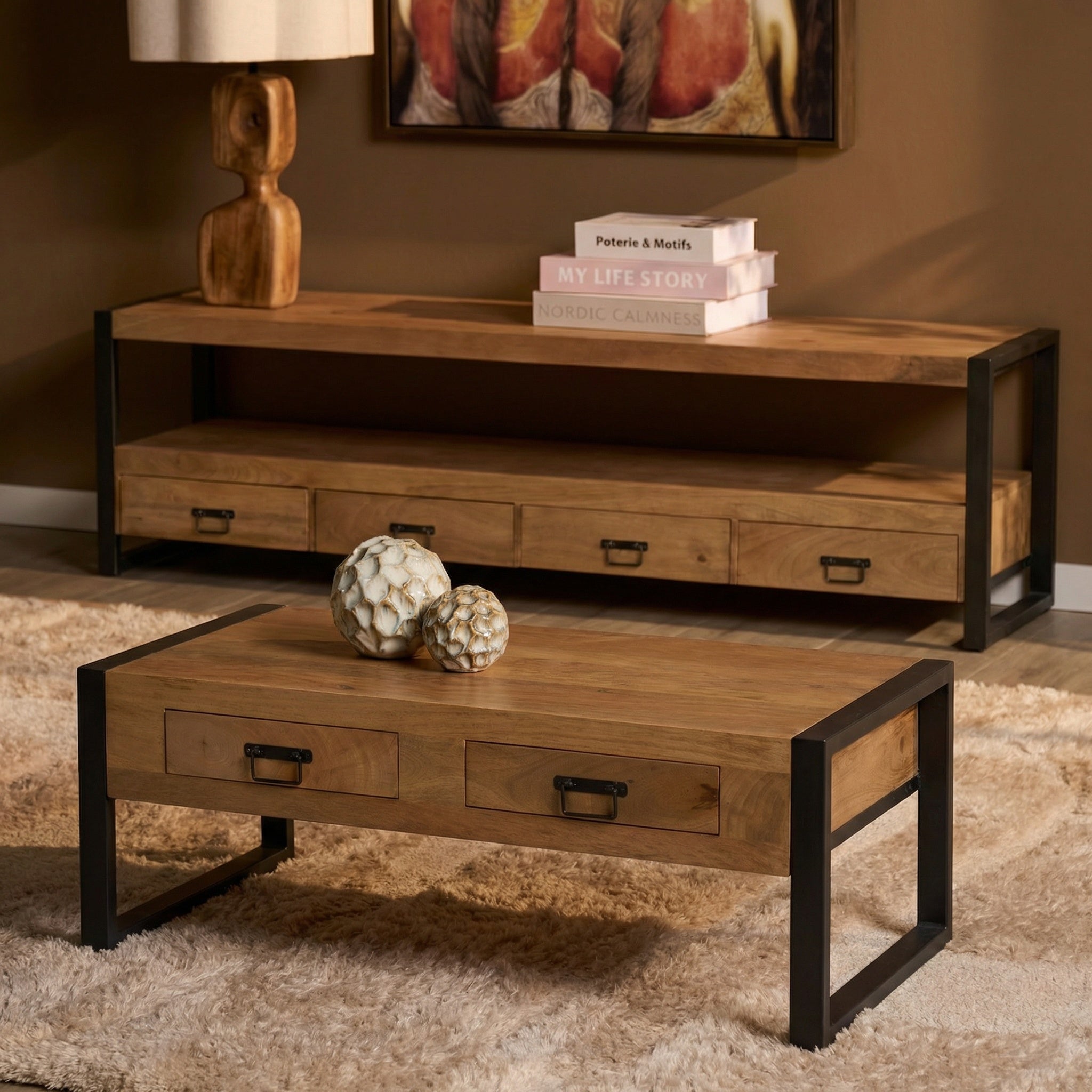 Salontafel Britt met twee lades Naturel Mangohout 120 cm
