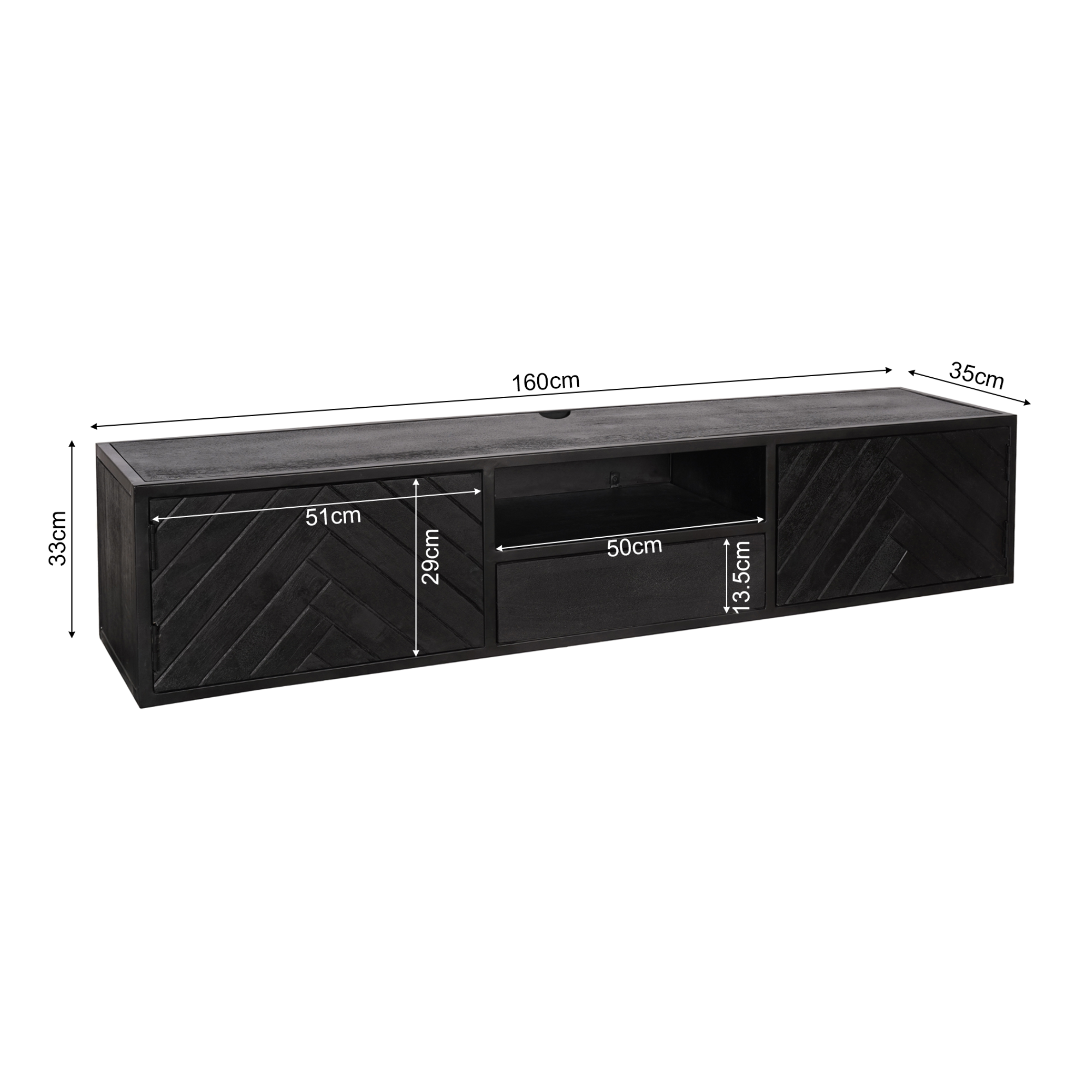 Zwevend tv meubel New York Zwart Mangohout 160 cm