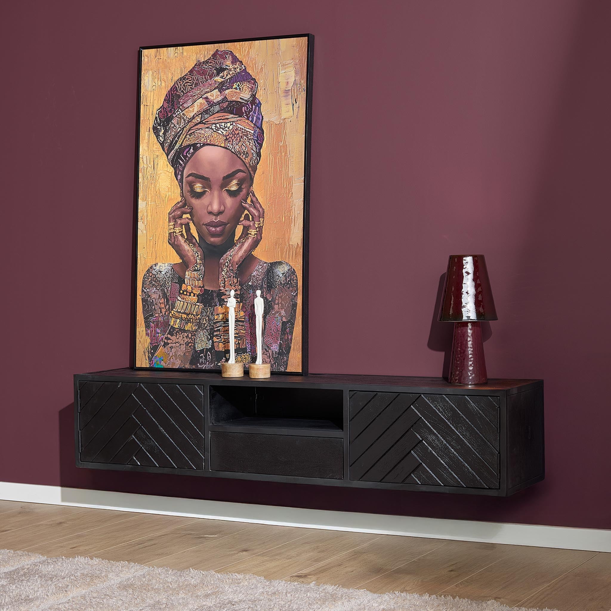 Zwevend tv meubel New York Zwart Mangohout 160 cm