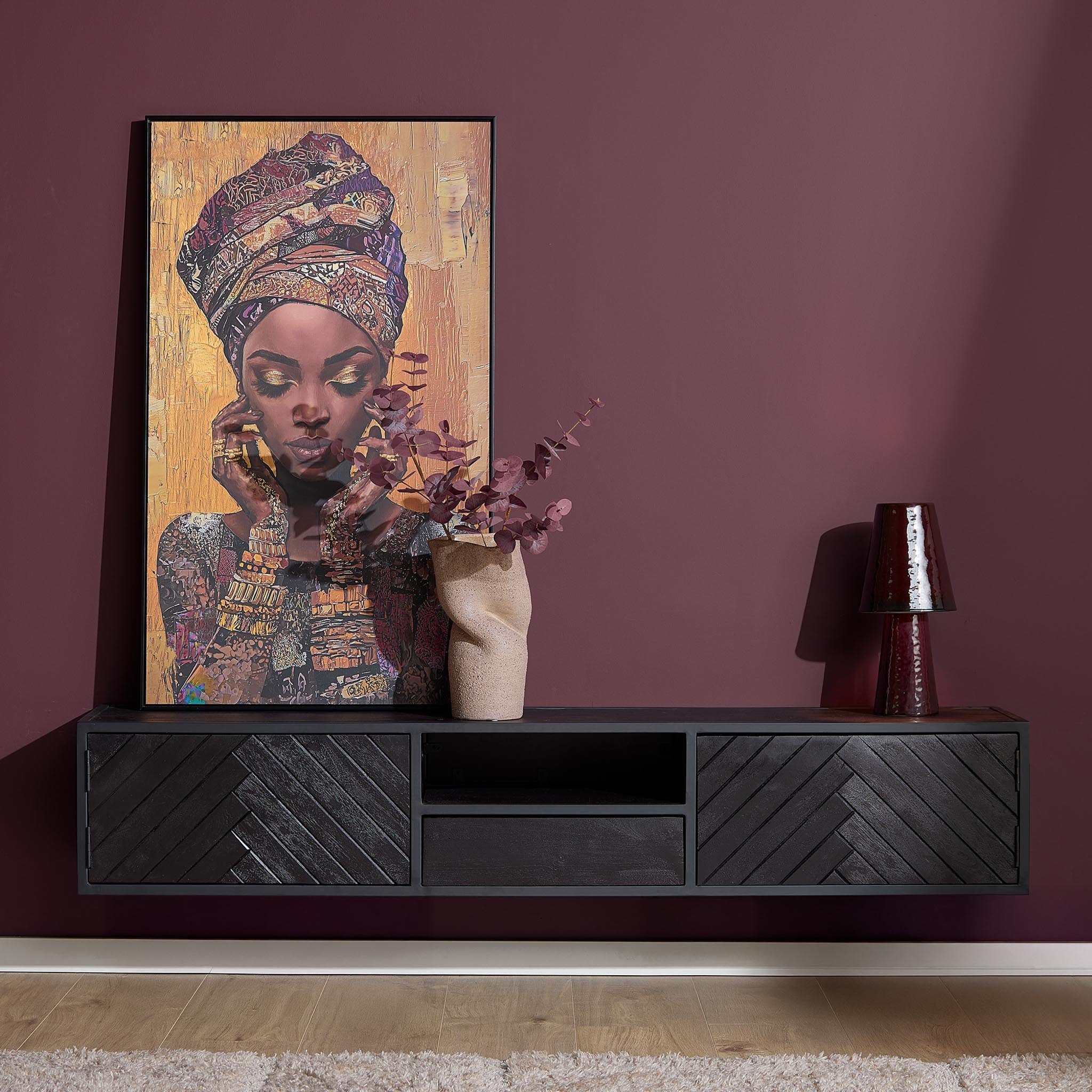 Zwevend tv meubel New York Zwart Mangohout 180 cm