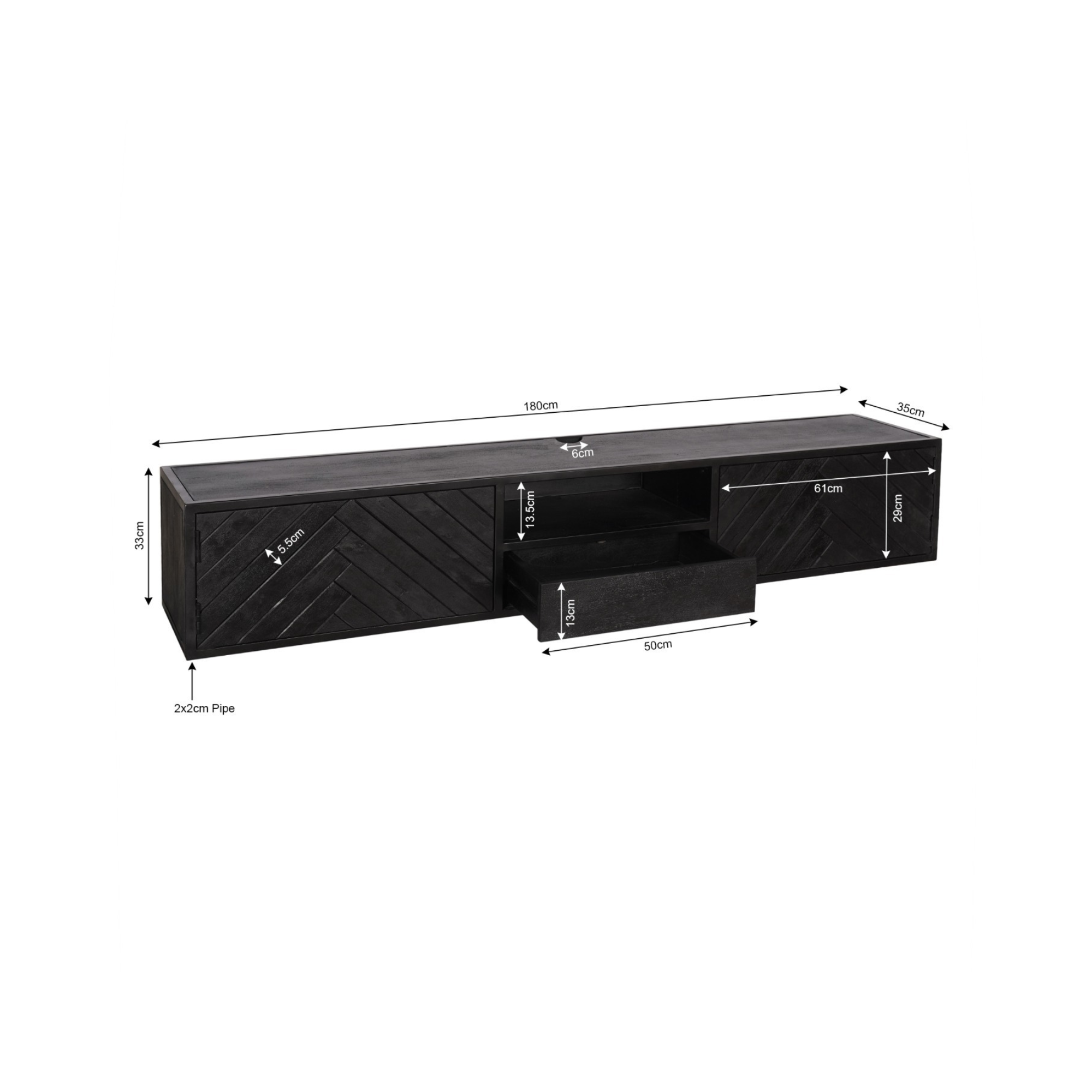 Zwevend tv meubel New York Zwart Mangohout 180 cm