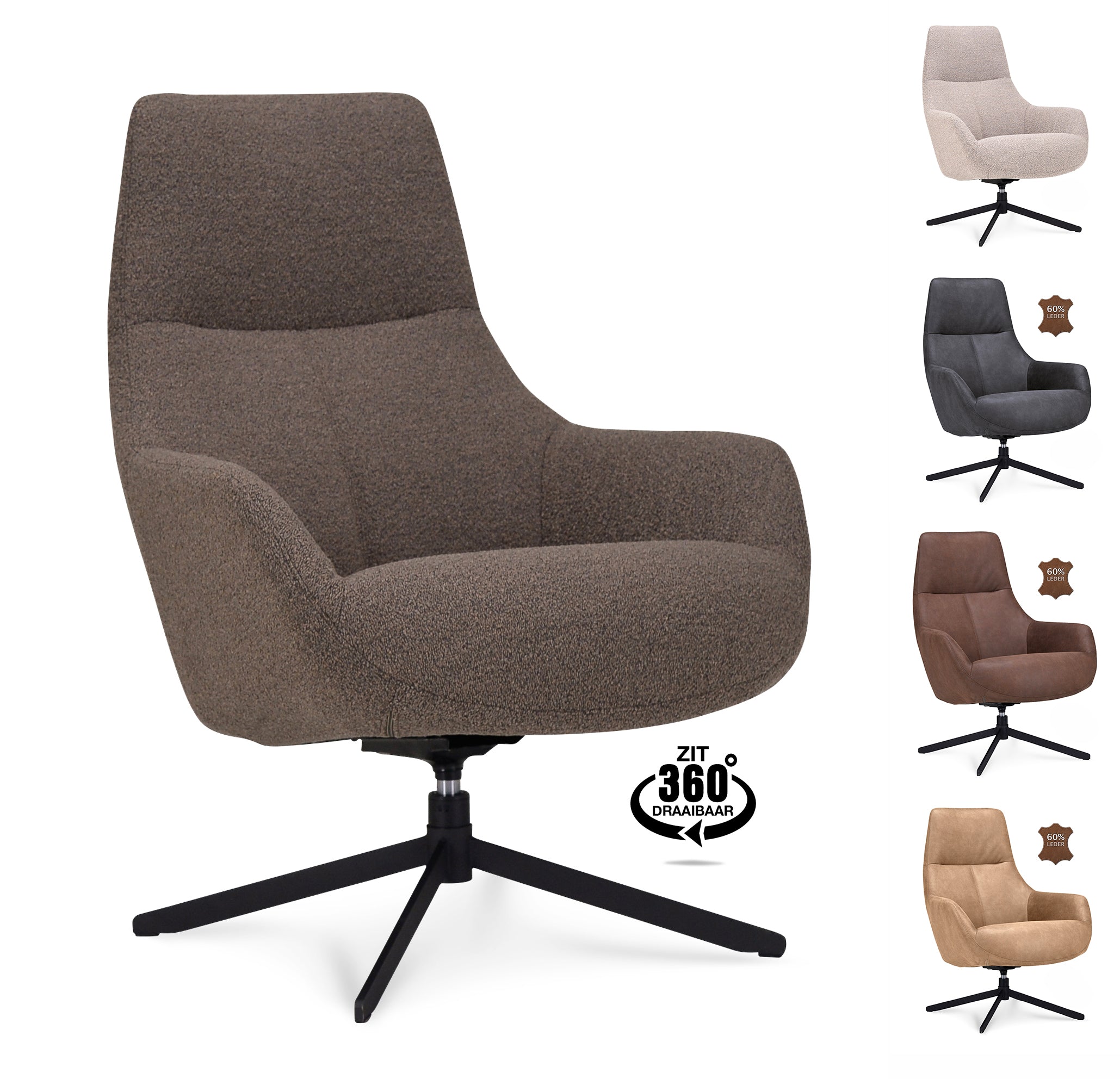 Fauteuil Vancouver Microleder Bull Liver Poot Zwart 360° Draaibaar