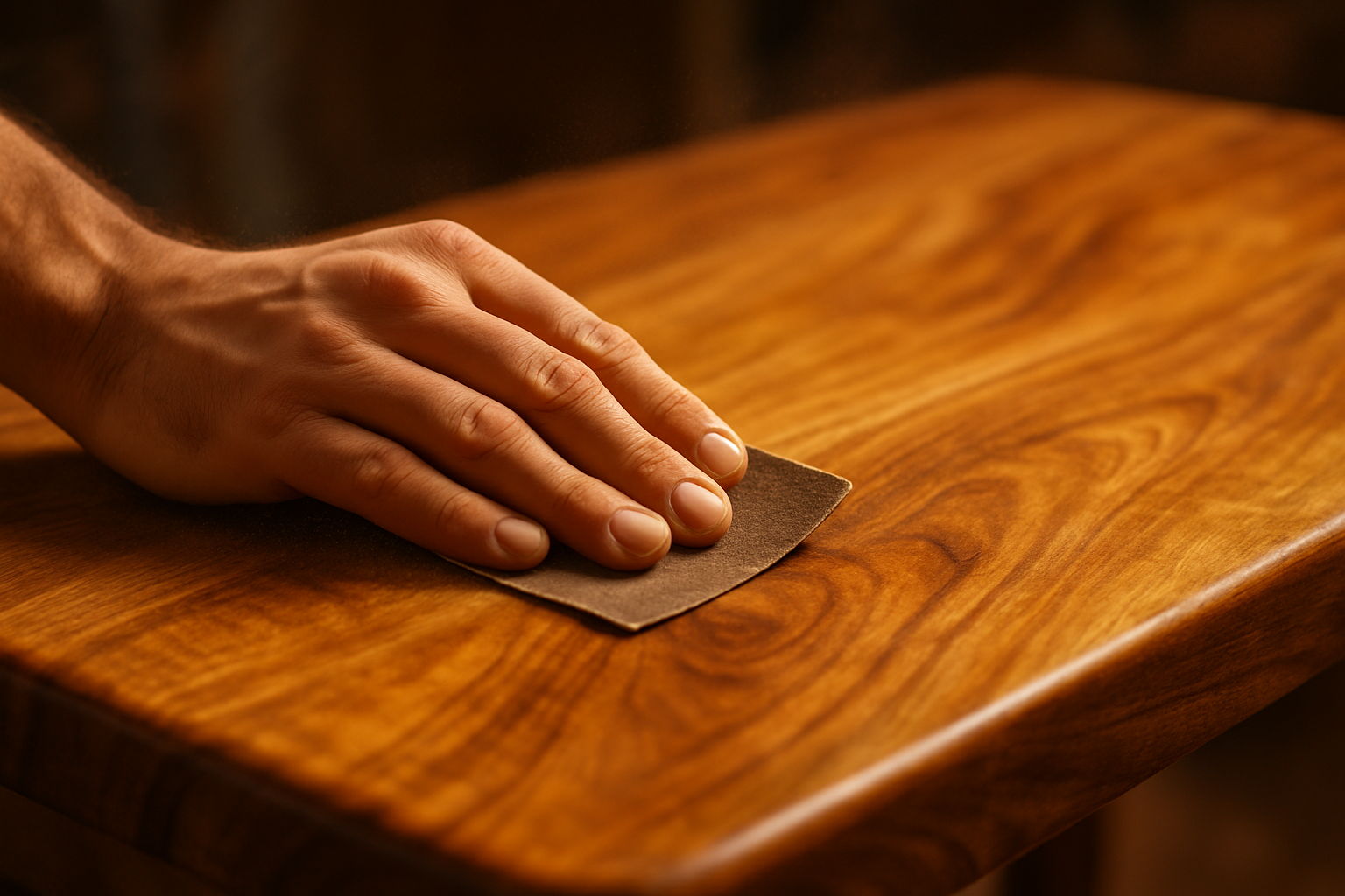 a close up of a realistic hand sanding a mango wood table top
