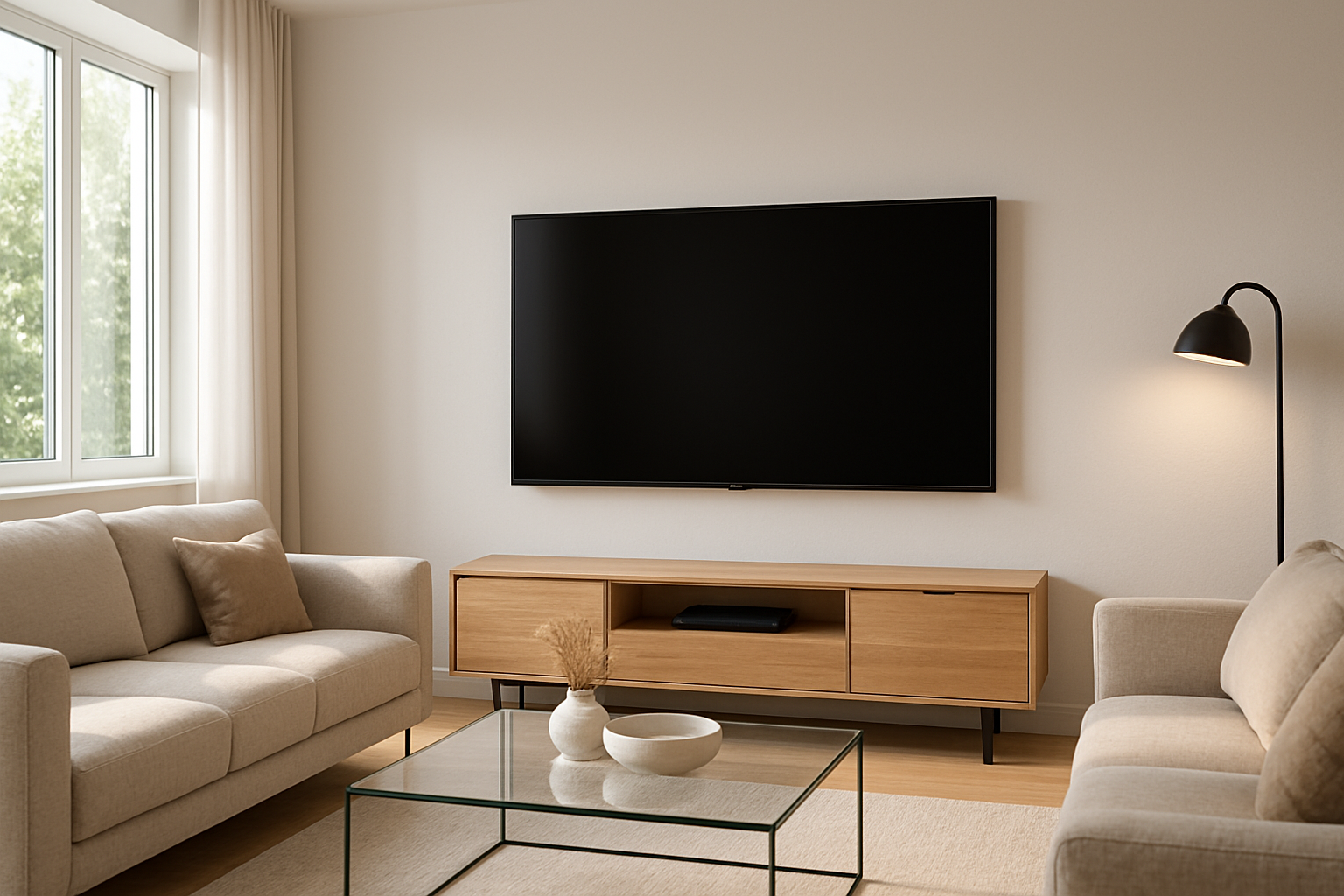 Comfortabele moderne woonkamer met een compacte tv meubel tegen de muur met daarboven een tv, zacht daglicht.