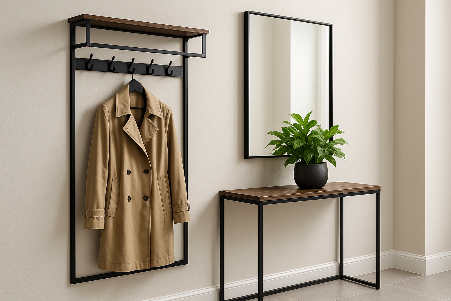een gang met een hoedenplank kapstok aan de muur van zwart metaal en een houten plank erboven, ernaast staat een consoletafel met planten erop en erboven een spiegel