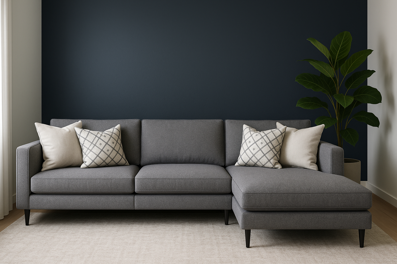 een moderne grijze bank met sierkussen et erop in een modern interieur en met een donkerblauwe accentmuur erachter en een plant in de hoek.